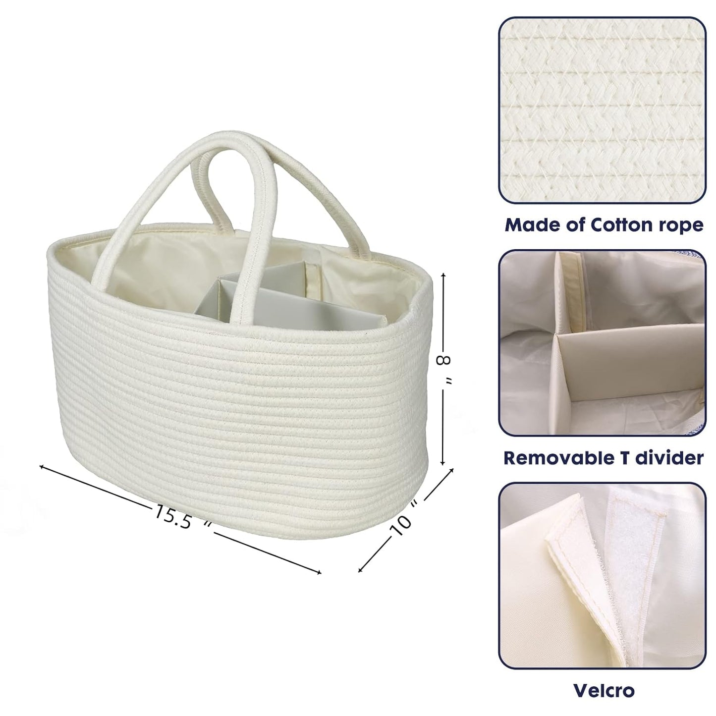 Large Baby Diaper Caddy Organizer for Girl Boy Rope Nursery Storage Bin Basket Portable Holder Tote Bag for Changing Table Car Travel Baby Shower Gifts Newborn Essentials Registry Must Haves White