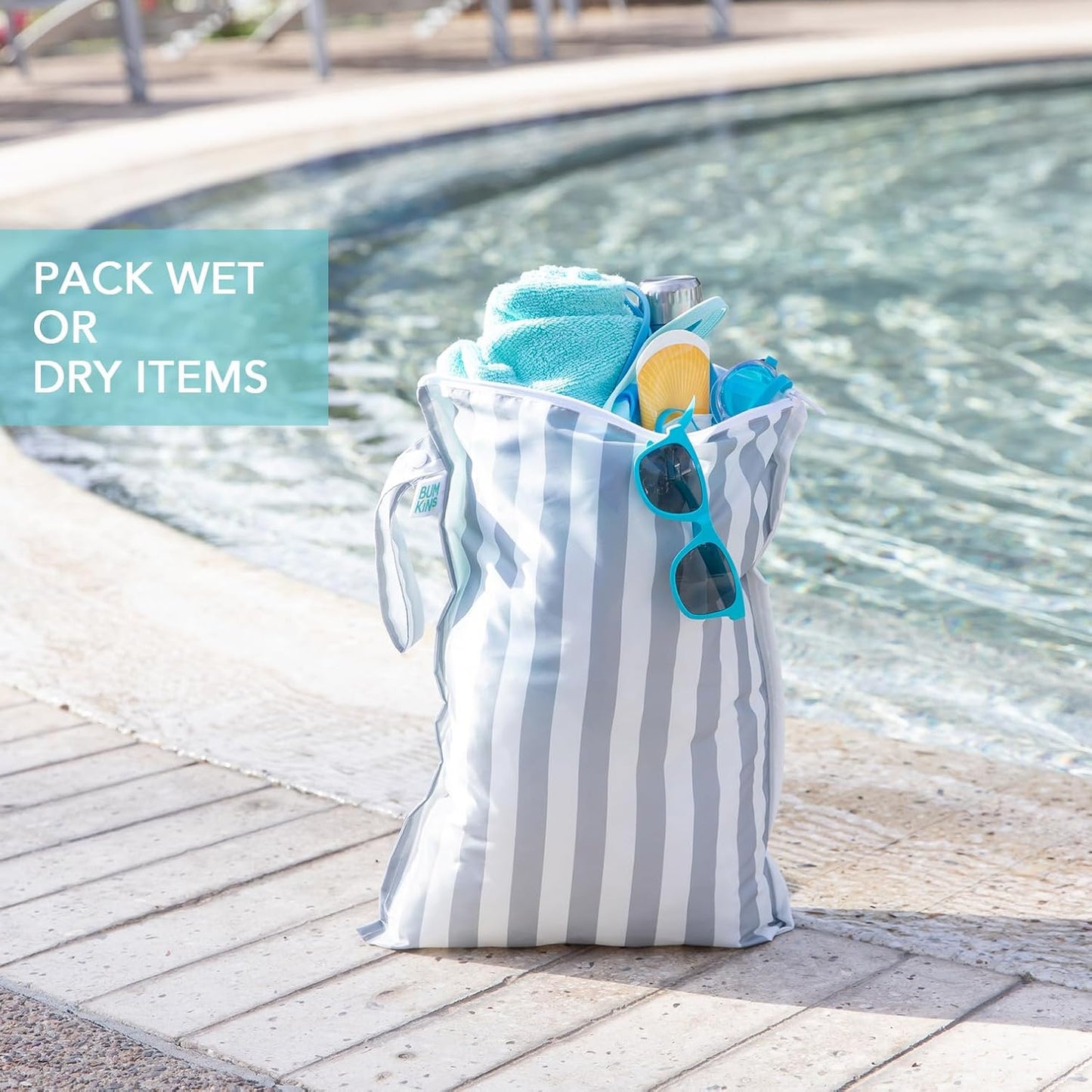 Bumkins - Larger Waterproof Wet Bag - For Baby, Travel, Swim Suit, Cloth Diapers, Pump Parts, Pool, Gym, Toiletry, Strap to Stroller - Reusable & Easy to Clean - 2pk - Gray & Green Stripe