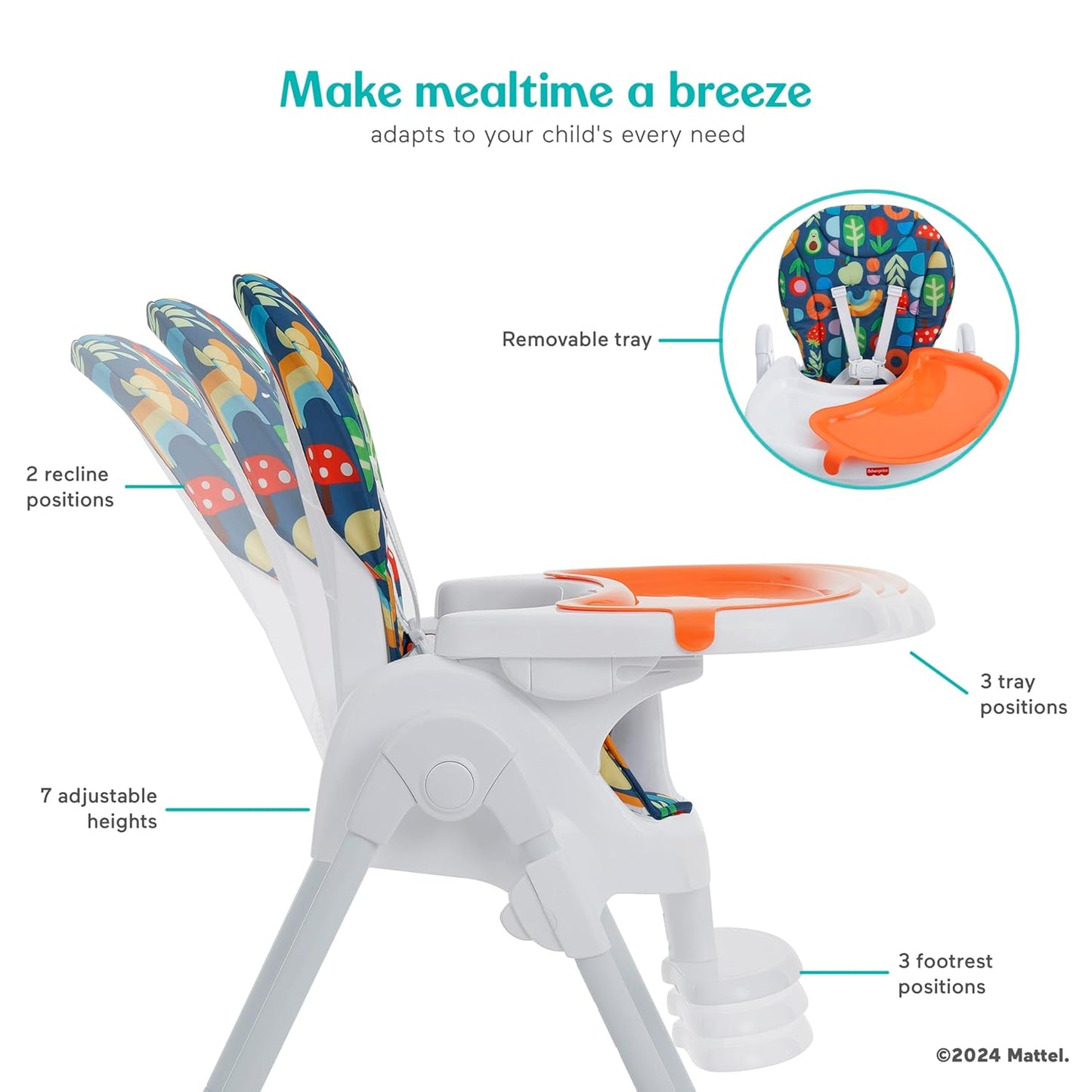 Fisher Price Tiny Bites Baby & Toddler Highchair – Rainbow Sherbert, One-Click Folding, 7 Adjustable Height Levels, 2 Recline Positions, Removable Dishwasher-Safe Tray, Lightweight, Space-Saving