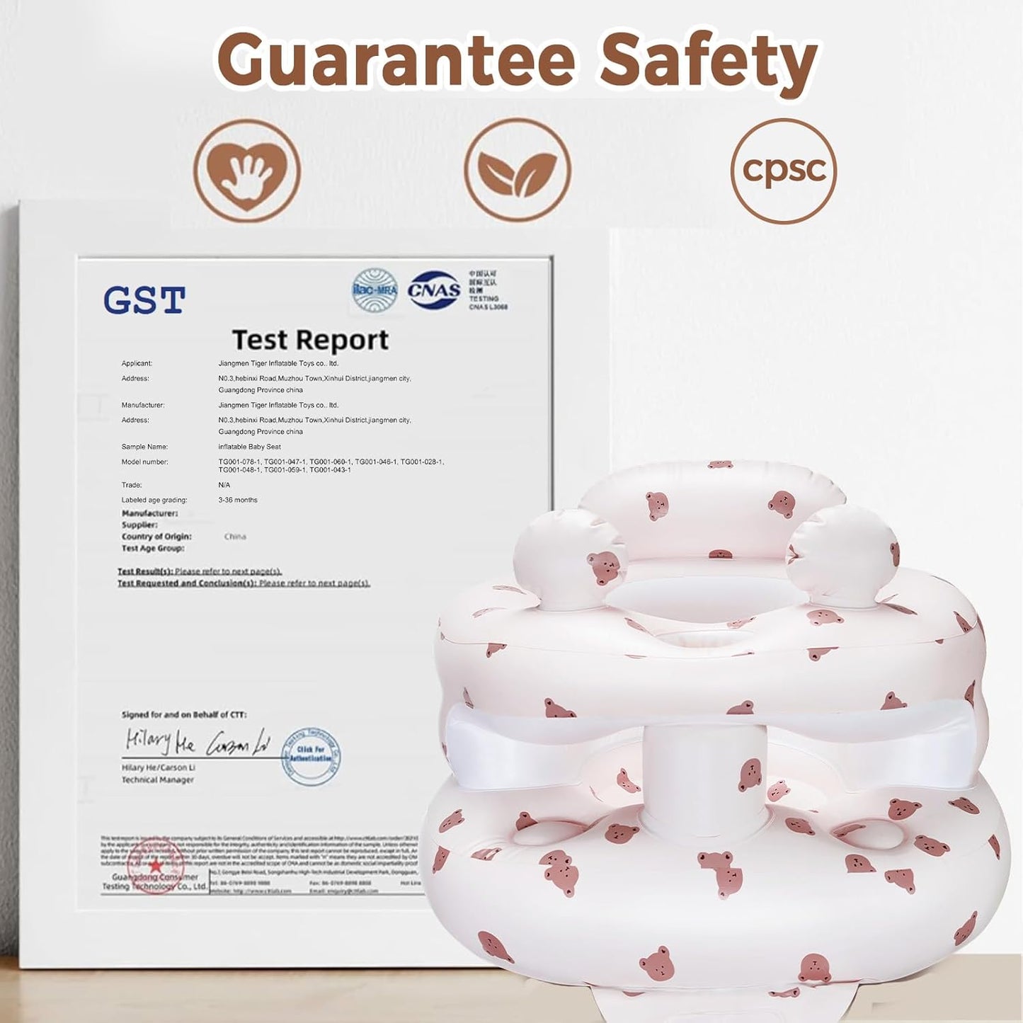 Inflatable Baby Seat for Babies 3-36 Months，[Squeaky Sound & Anti-Fall Design] Inflatable Chair with Sound-Making Ears, Baby Seat for Sitting-Up Practice, Built-in Air Pump (Ear Bear)