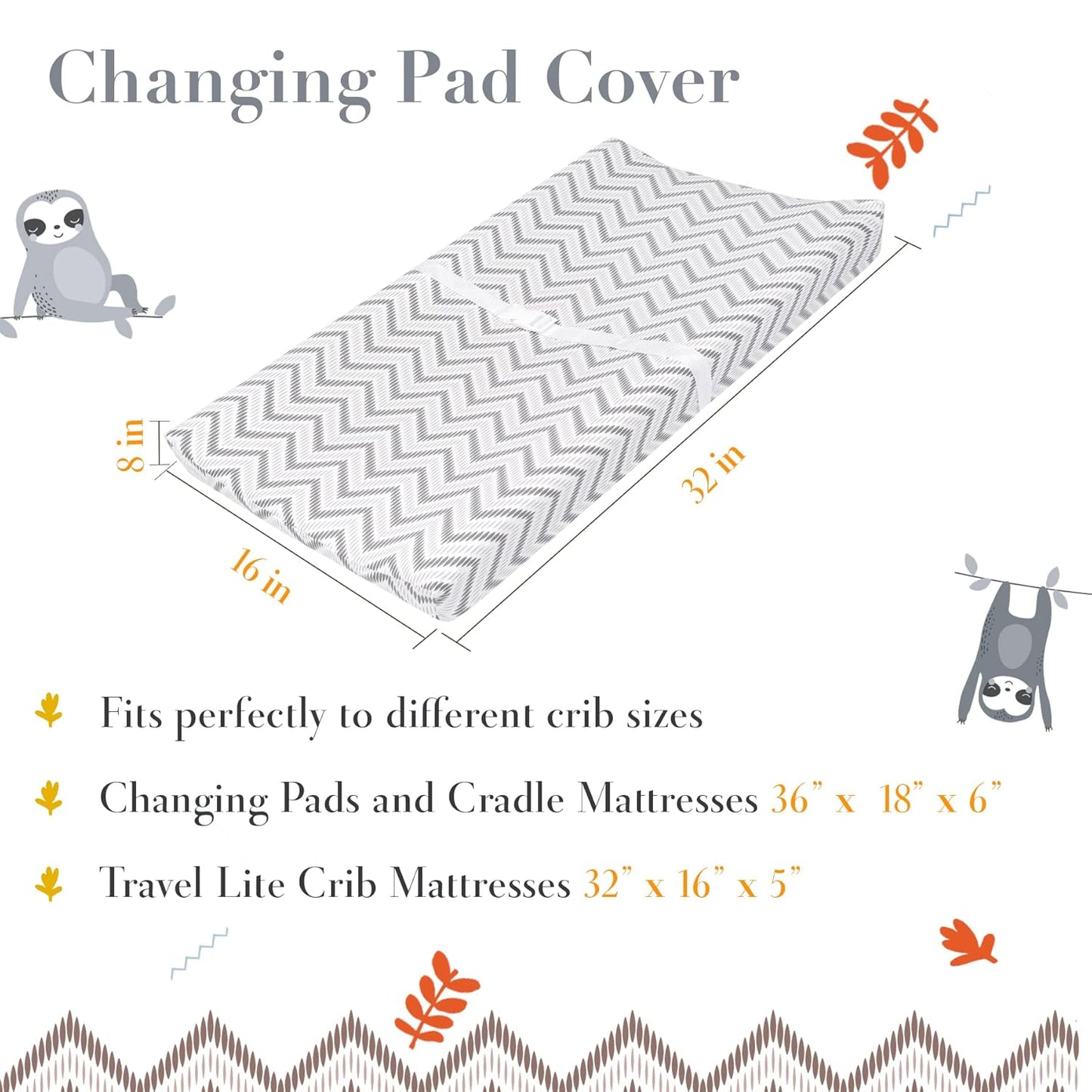 100% Cotton Changing Pad Cover for Baby Boys and Girls, Chevron - Breathable Bassinet, Mini Crib Mattress Fitted Sheets - Little Sloth, 32"x16" with 8" Deep Pocket, White-Grey, 2 Pack