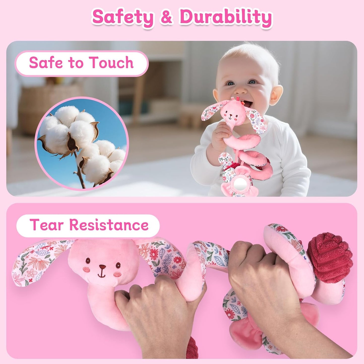 Hanging Car Seat Toys, Spiral Crib & Stroller Activity Toys with Rattles for Babies 0-6 Months, Baby Car Seat Accessories Toy for Developing Sensory & Motor Skills, Gift for Newborn Infant - Rabbit