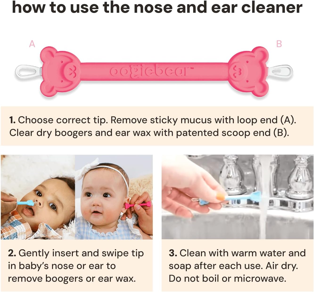 oogiebear: BearPair Baby Nose Cleaner & Ear Wax Removal Tool with Nasal Aspirator - Safe Booger & Earwax Removal for Newborns, Infants, Toddlers - Essential Baby Stuff, Diaper Bag Must-Have - Pink