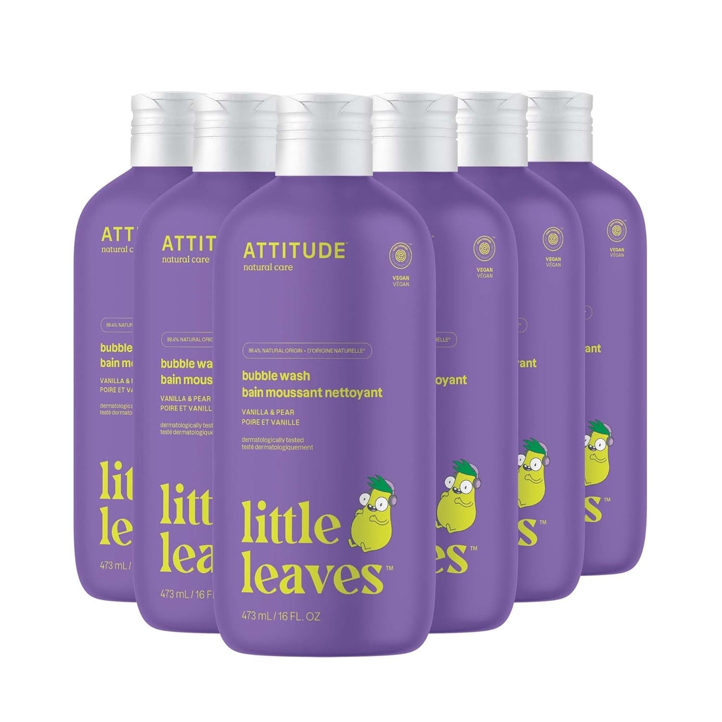 ATTITUDE Bubble Wash for Kids, EWG Verified Bubble Bath, Hair Shampoo and Body Soap, Dermatologically Tested, Plant- and Mineral-Based, Vegan, Vanilla & Pear, 16 Fl Oz (Pack of 6)