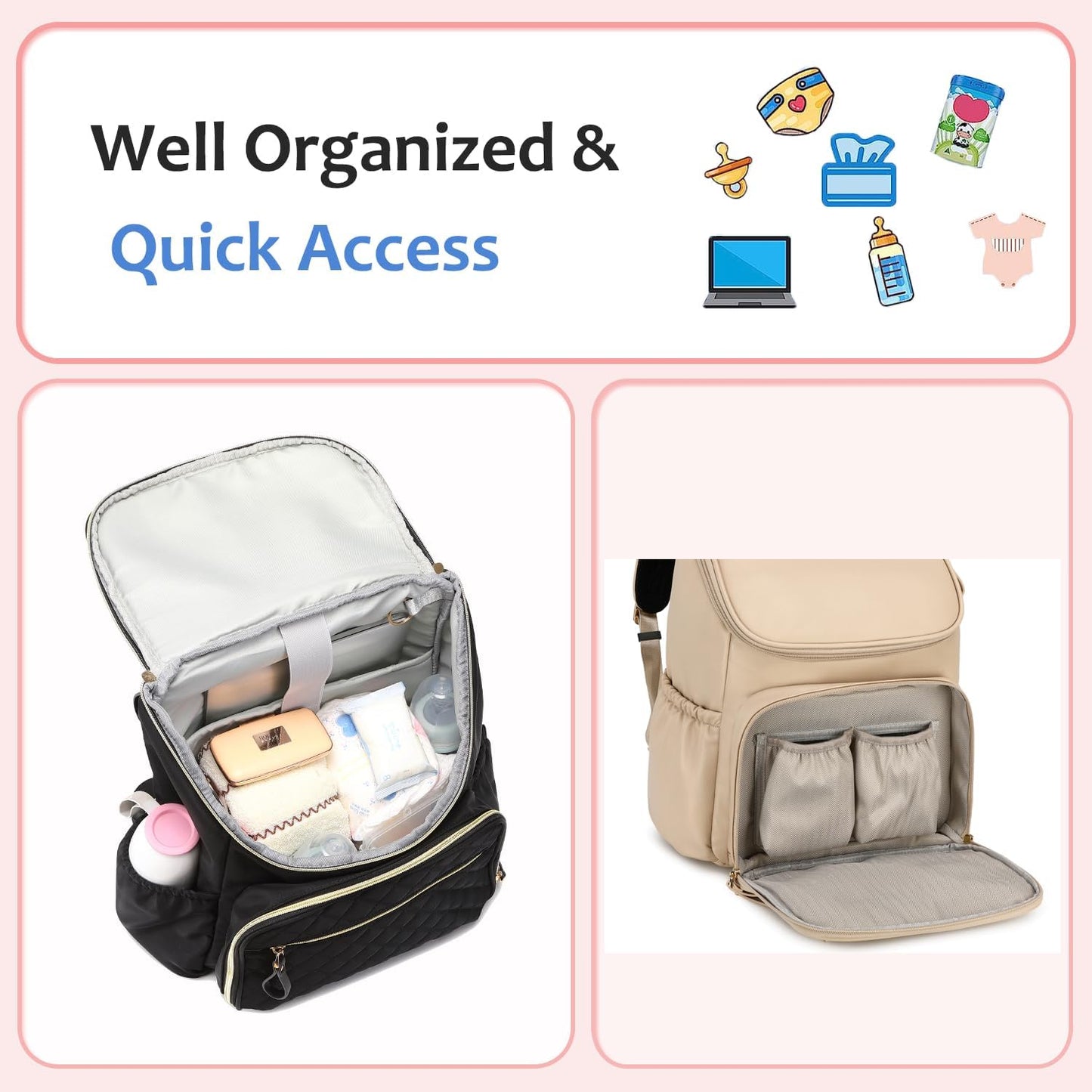 Large Capacity Diaper Bag Backpack with Stroller Buckle, Water-Resistant Travel Baby Bag with Insulated Pockets (Classic, Beige)