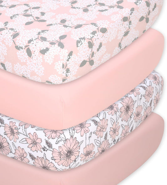 The Peanutshell Baby Organic Bassinet Sheets 4-Pack Unisex - Soft, Oval & Rectangle Baby Girls or Boys Sheet, 100% Jersey Cotton, Fitted Covers for Crib, Halo Bassinet Mattress - Cottage Floral