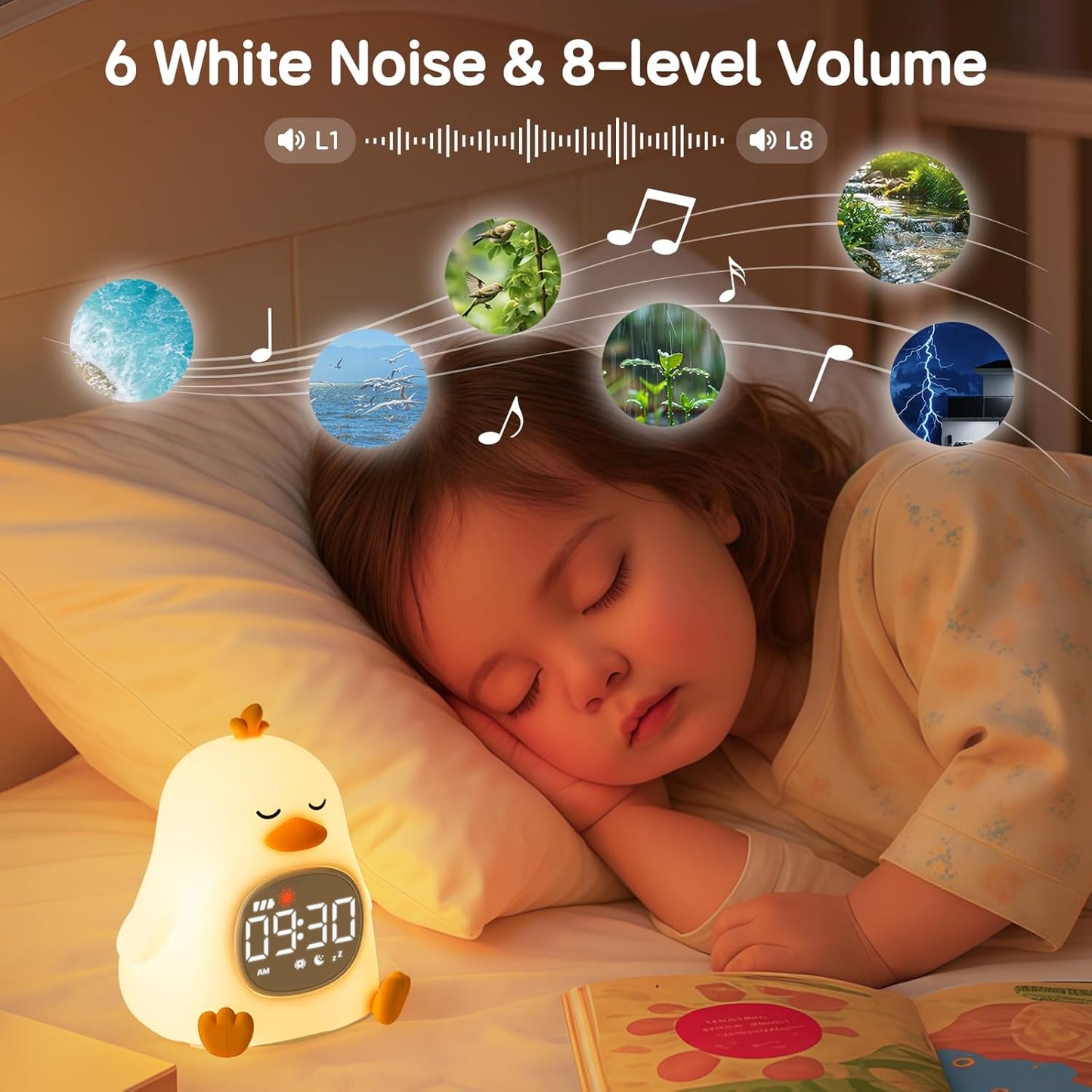 Alarm Clock for Kids with Night Light, Sleep Training Clock Time to Wake Clock, Rechargeable Silicone Light for Bedroom, Perfect Sleep Companion for Boys Girls, Sleepy Duck