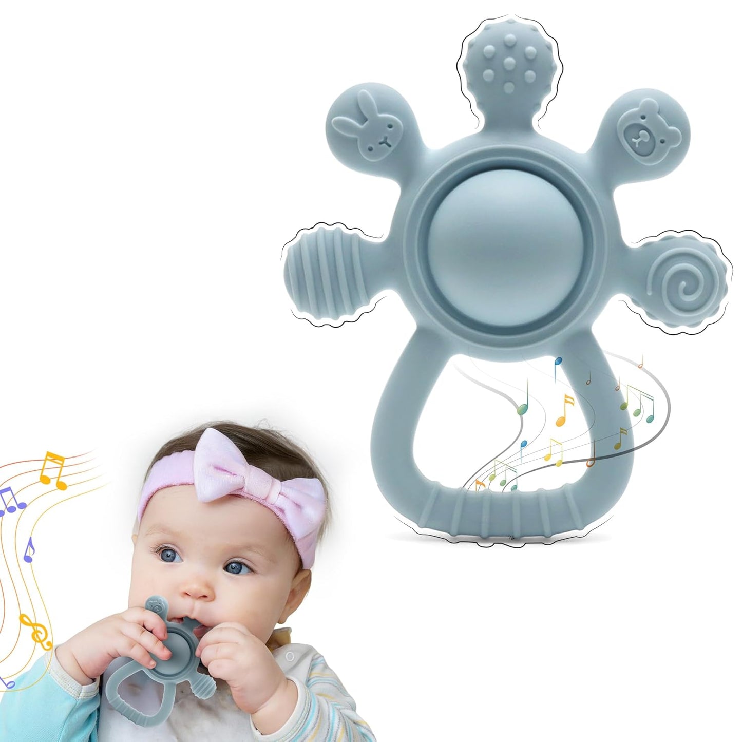 Silicone Rattle Teether for Babies – Soft BPA-Free Teething Toy & Sensory Rattle – 100% Food Grade Silicone, CPC Certified – Soothing Relief for Infants & Toddlers (Rudder - Sky)