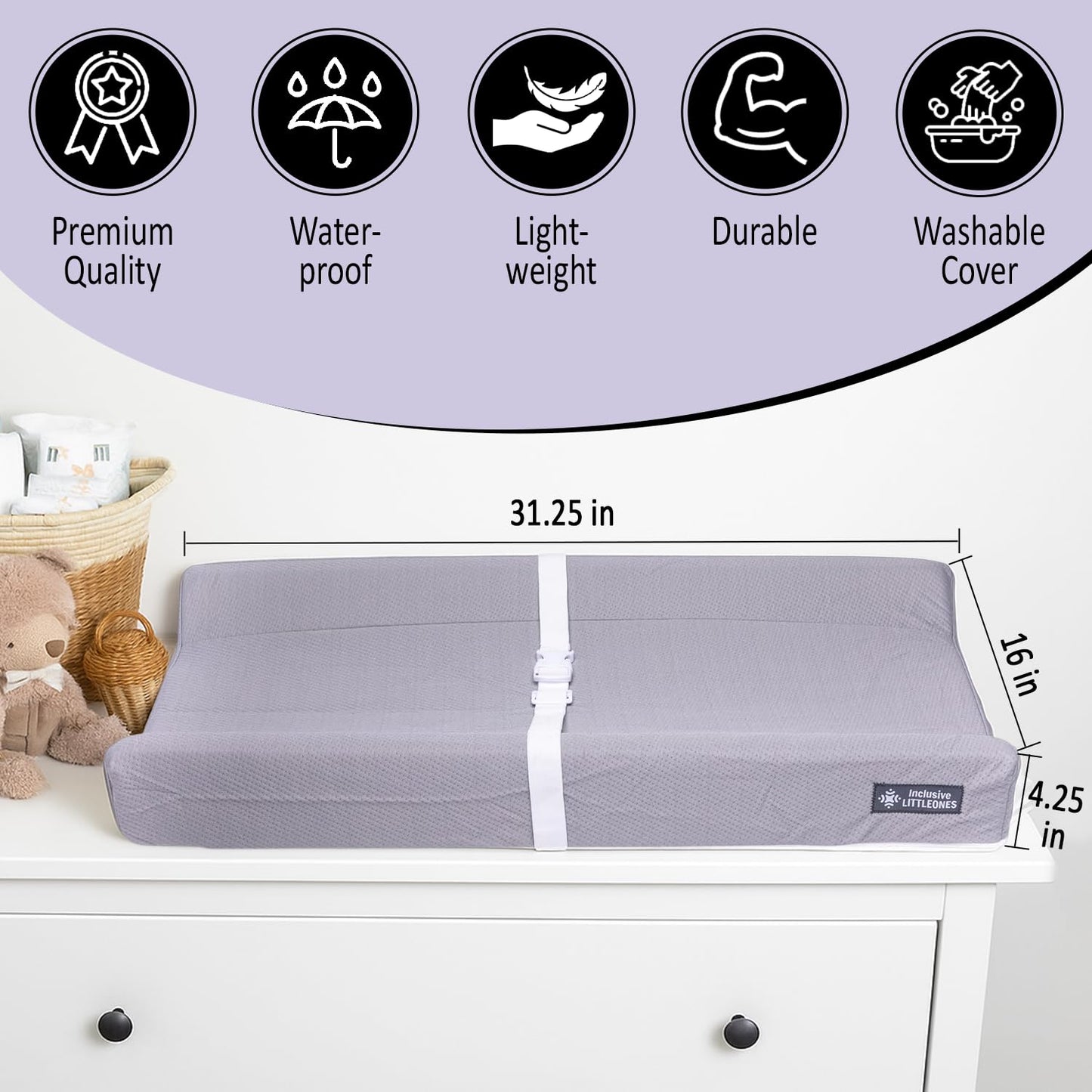 Baby Diaper Changing Pad Soft, Waterproof Changing Pad, Non-Slip Bottom, Safety Straps & Ergonomic Contoured Design - Wipeable Changing Pad Cover Standard Size (31.5"x16") Changing Tables & Dressers