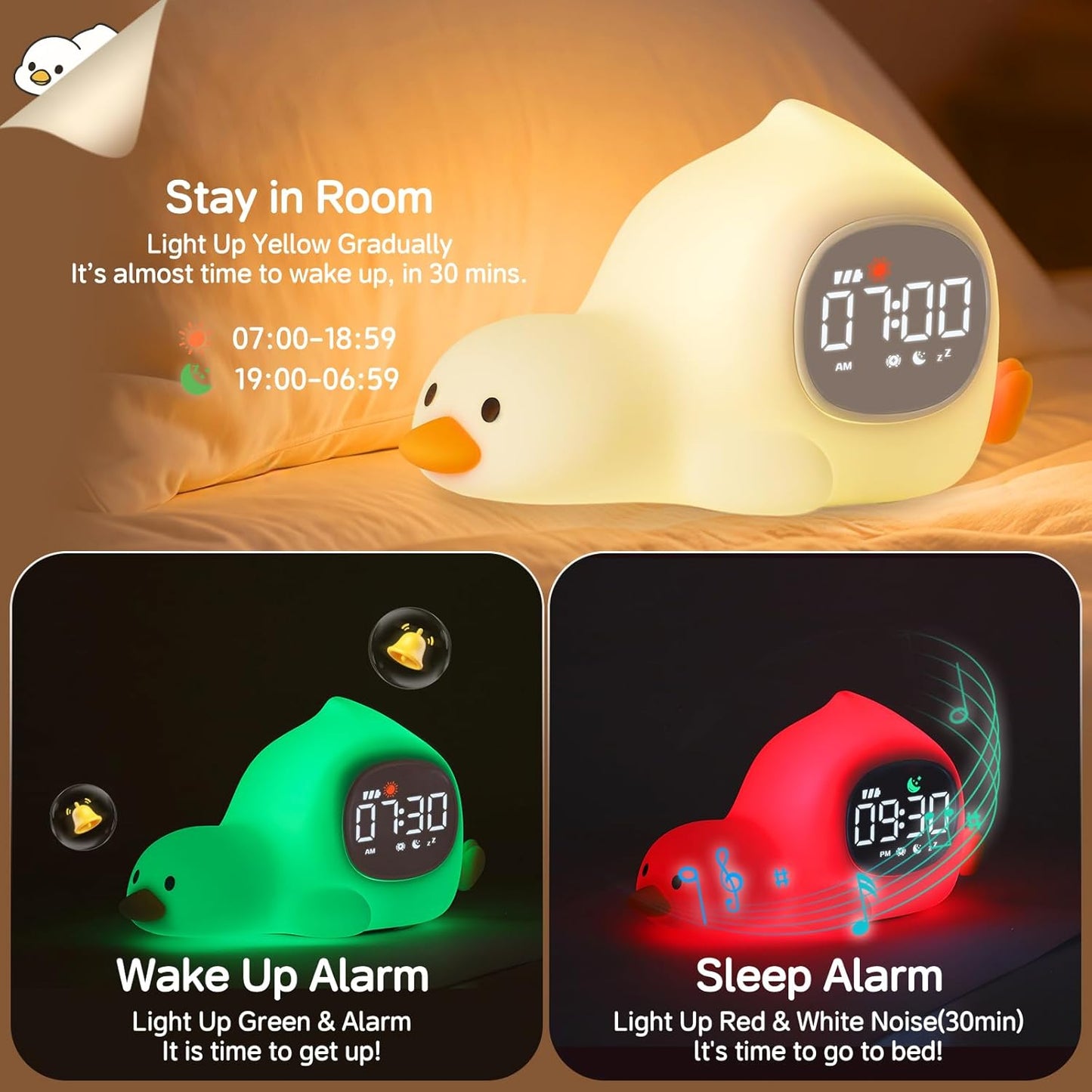Yiliaw Alarm Clock for Kids with Night Light, Sleep Training Clock Time to Wake Clock, Rechargeable Silicone Light for Bedroom, Perfect Sleep Companion for Boys Girls, Laying Duck