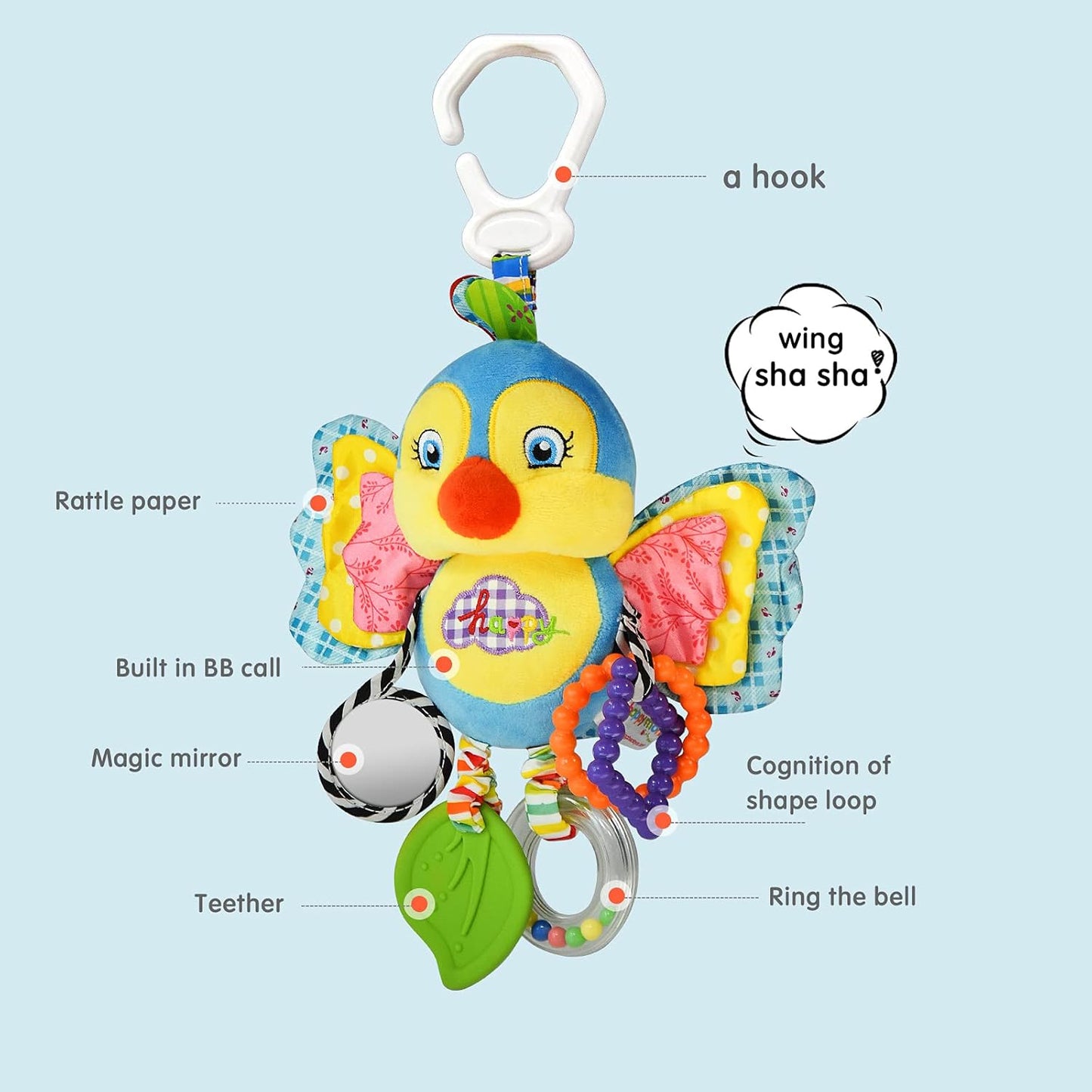 Baby Rattles Toys with Teether,Bed Bell for Toddler in pram,Gifts for Baby Aged 3 Months or More (Bird)