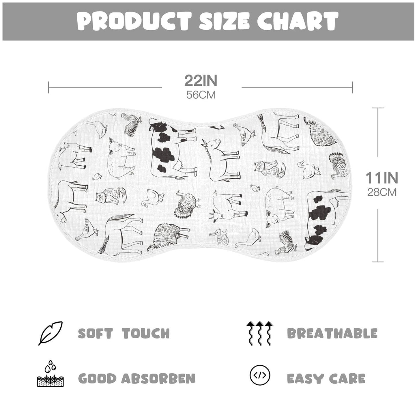 Muslin Baby Burp Cloths Set of 2, Soft Absorbent Farm Animals Muslin Washcloths, Bibs, Face Towel for Newborn Boys Girls, 22 x 11 Inch