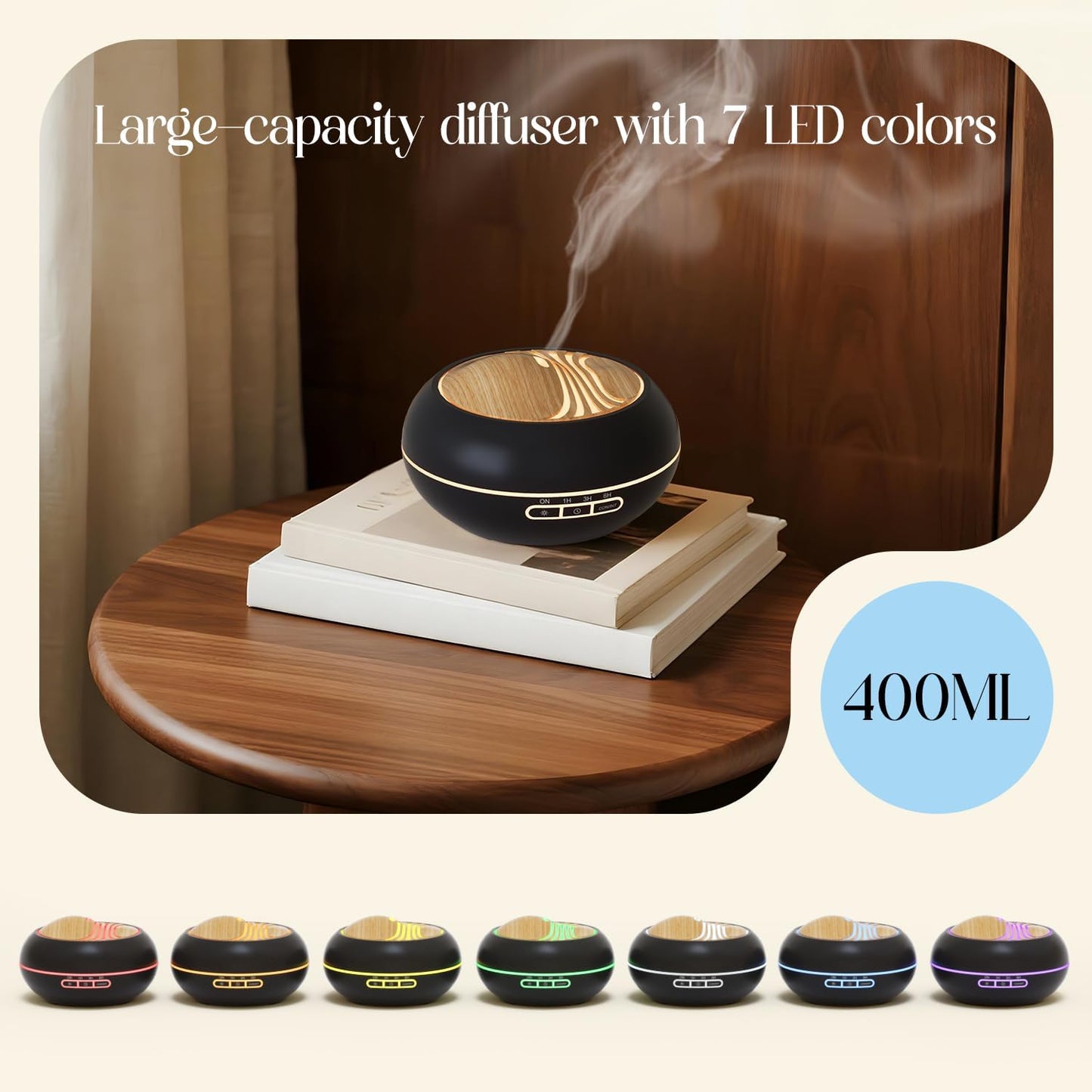 SALKING Essential Oil Diffuser 400ml, Diffusers for Essential Oils with 2 Mist Mode, Aromatherapy Diffuser Cool Mist Humidifier with 7 LED Night Light, Timer & Auto-Off, Large Room Diffuser (Black)