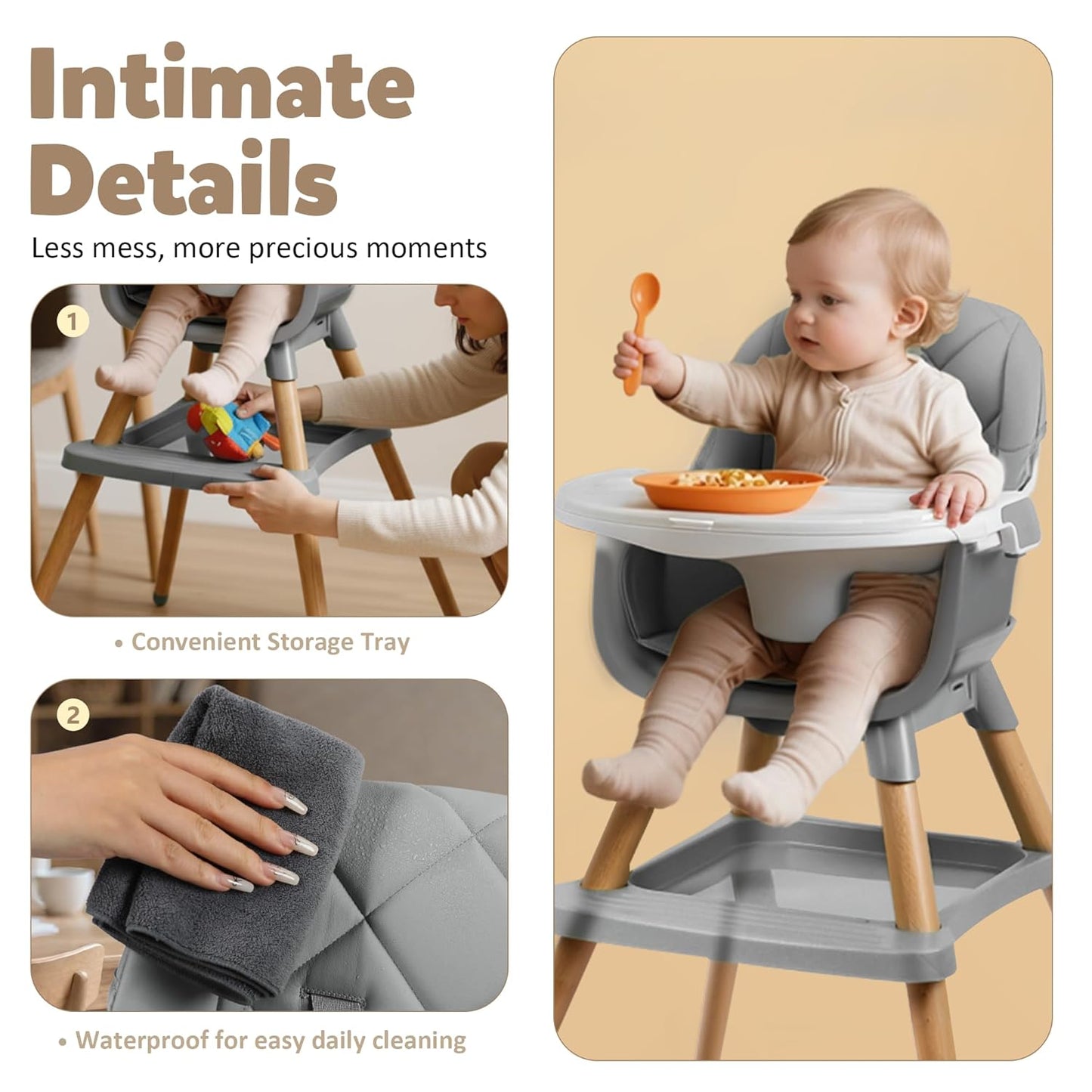 8 in 1 Wooden High Chairs for Babies Toddlers, Convertible to Booster Seat, Baby Feeding Highchair w/ 5-Point Safety Harness, Removable Tray & Cushion, Gray
