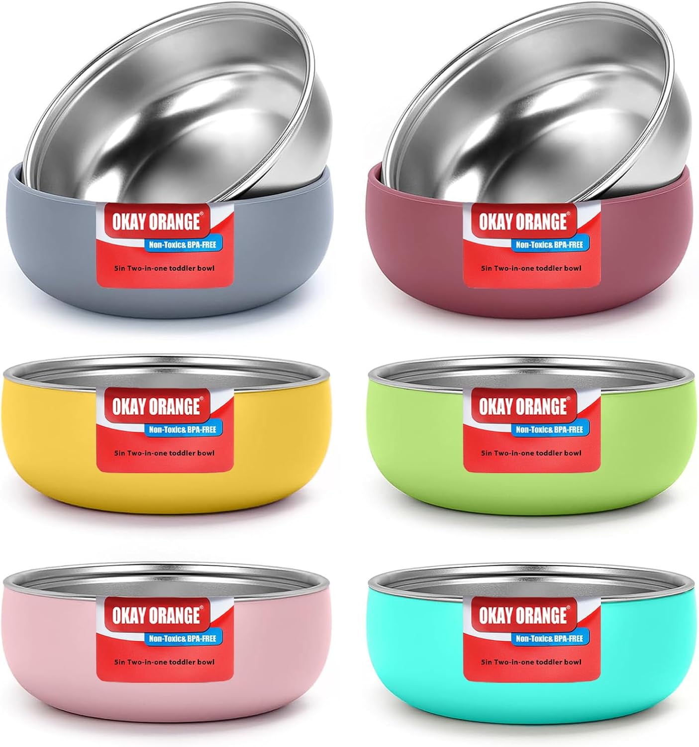 Non-Toxic Toddler Bowls with Non-Slip Base | Stainless Steel Baby Bowls for Kids | 5 Inch BPA-Free Dishwasher Safe Bowls | Mess-Free Feeding Supplies | 6-Pack Set