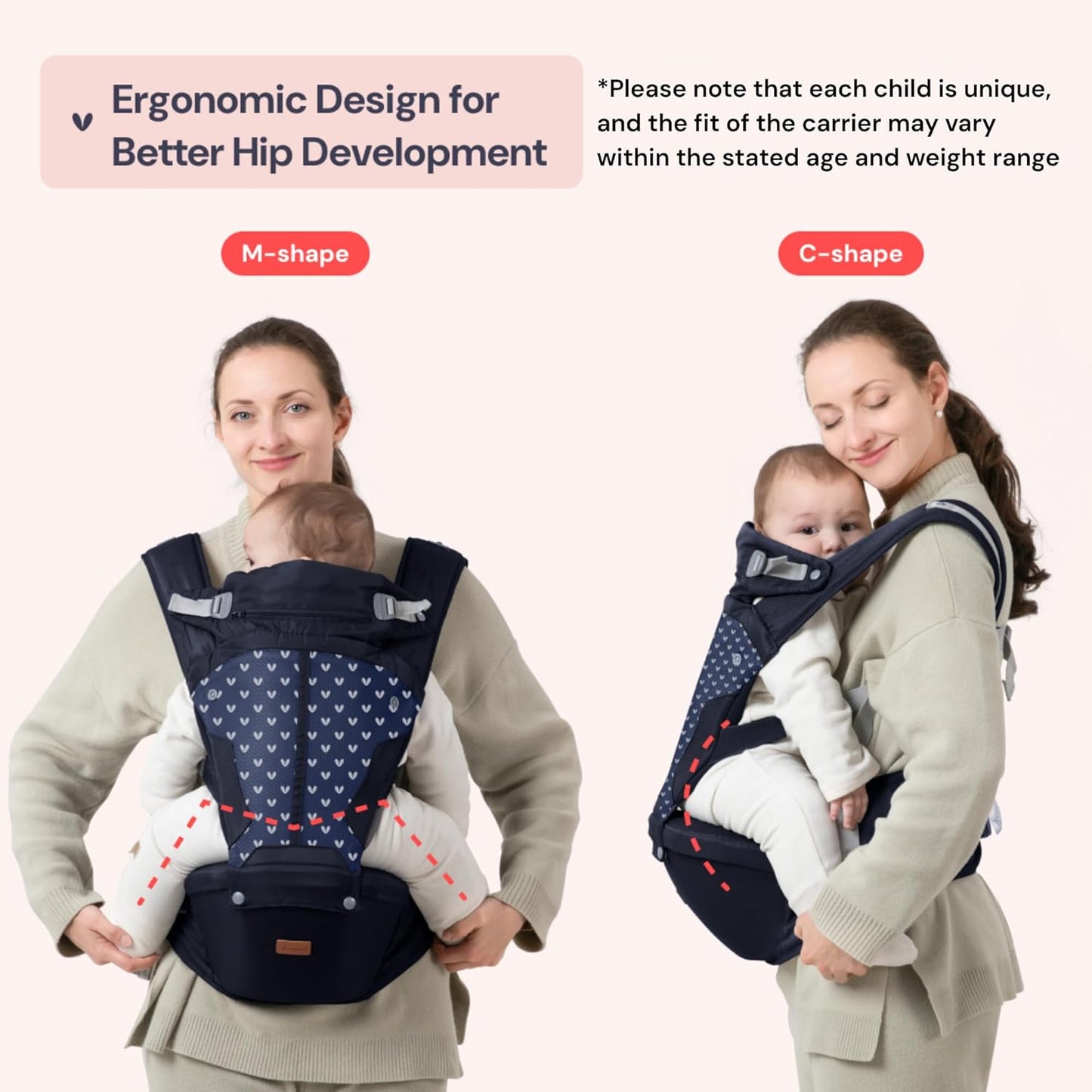BabbleRoo Grow Carrier – Safety-Certified 6-in-1 Baby Carrier with Hip Seat, Ergonomic & Adjustable Toddler Carrier 7-50 lbs with Hip Support, Hood for Sun Protection, Newborn to Toddler, Navy Hearts