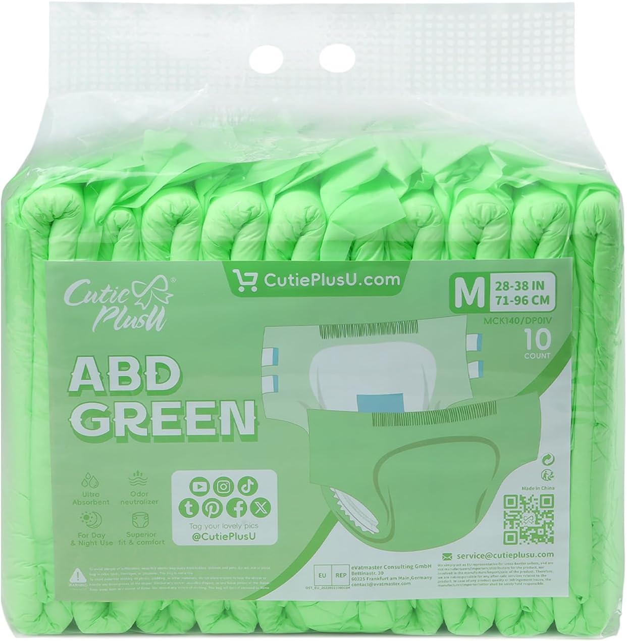 CutiePlusU Disposable Adult Diaper Heavy Absorption Dry Surface Adult Diapers All Night- Green 10 Pieces (Medium 28"-38")