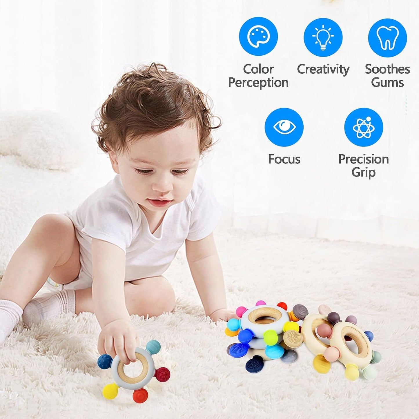 Baby Teething Toys Silicone Teethers BPA Free Silicone Rudder with Wooden Ring Soothe Babies Gums (Rainbow)