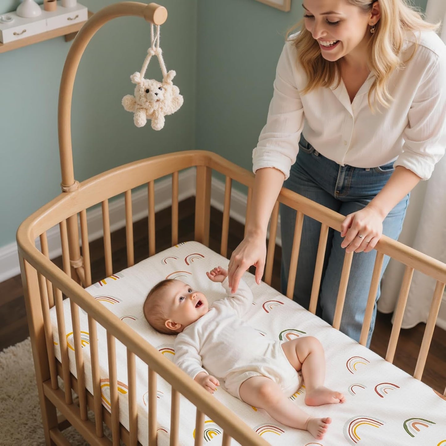 Baby Bassinet Sheets TPU Waterproof 2 Pack Soft Muslin Bedside Bassinet Mattress Sheets with Bottom Elastic Band for Baby Boy Girls Unisex Fit Hourglass Oval and Rectangle, White Rainbow