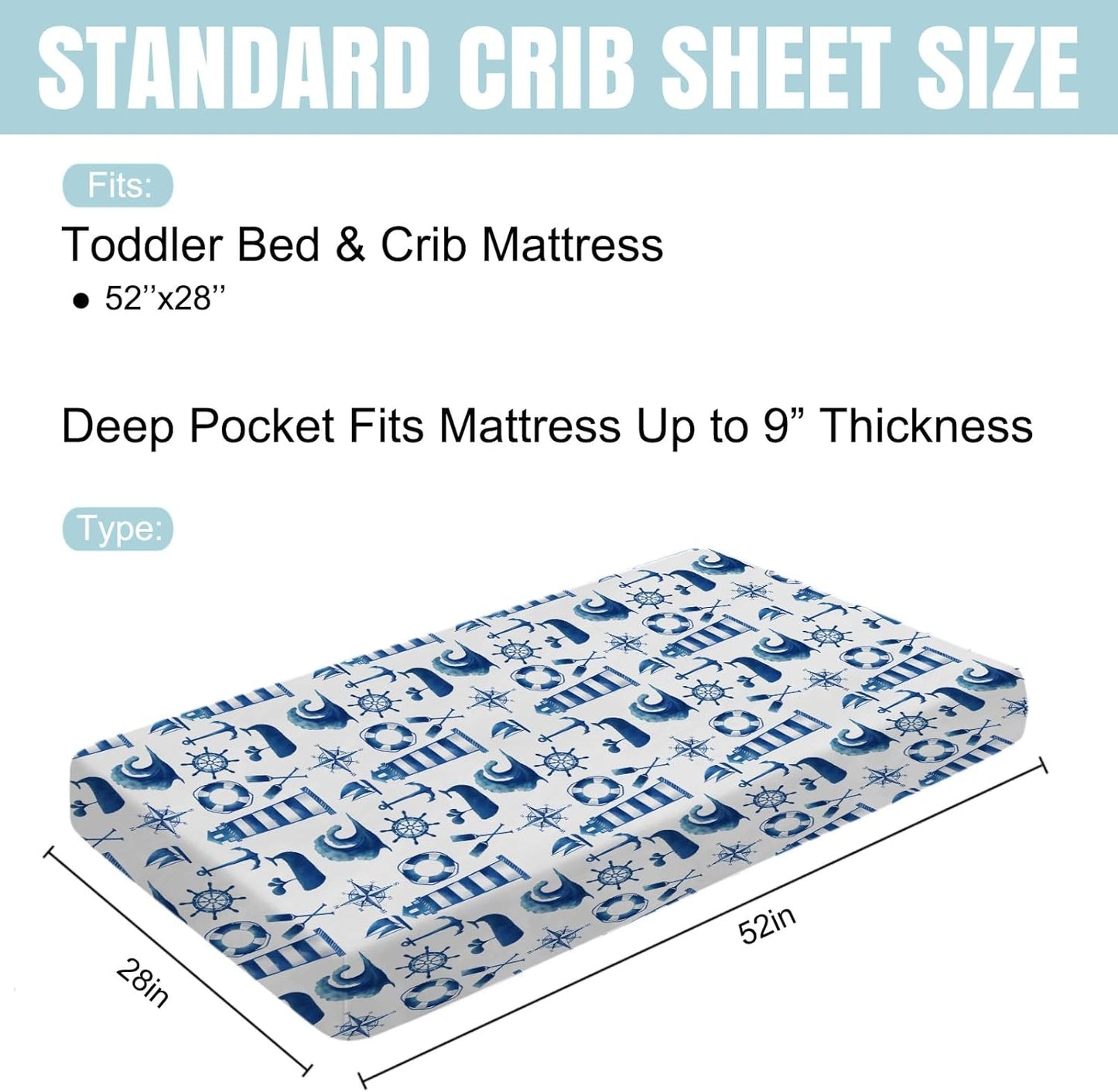Navy and White Lighthouse Compass Whale Baby Crib Sheet 52''x28'' Nautical Life Fitted Crib Mattress Sheet for Boy Girl Nursery Bed Sheets for Standard Crib and Toddler Mattresses