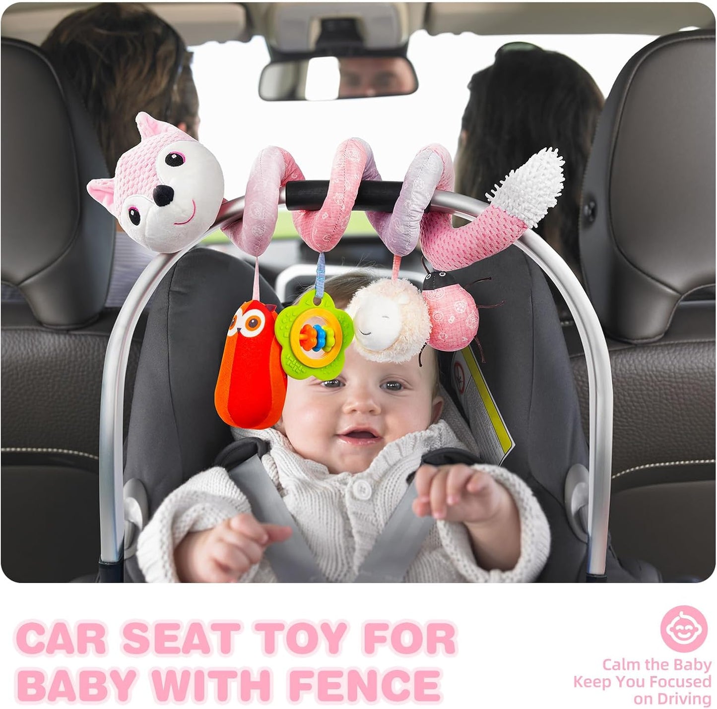 Jollybaby Crib Stroller Car Seat Toys for Baby 0-3-6-9-12 Months, Tummy Time Hanging Sensory Toys for Newborn with Music Box and Teether, Spiral Carseat Toy for Infant Boys Girls Gifts (05-Pink Fox)