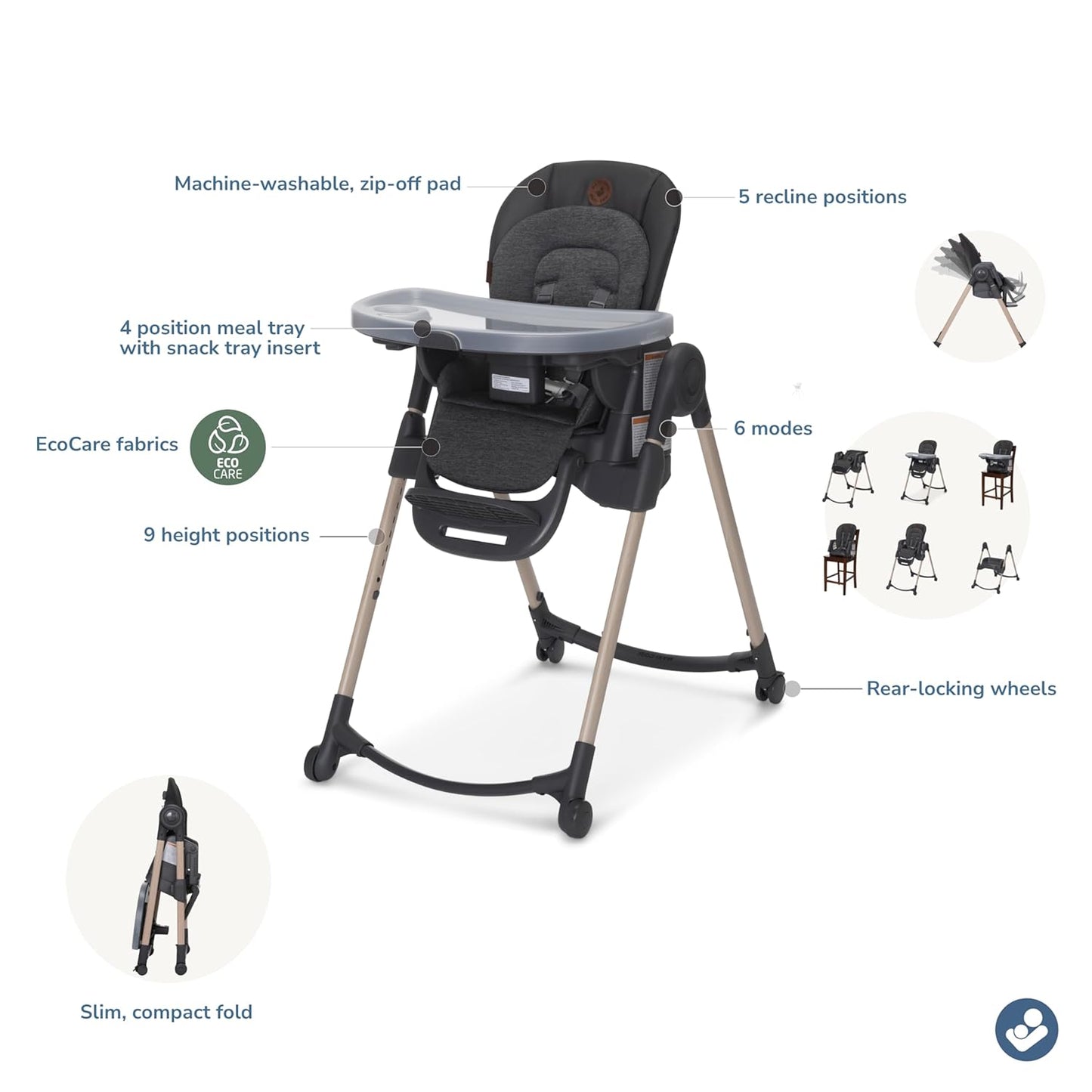 Maxi-Cosi Minla 6-in-1 High Chair for Babies & Toddlers, Portable Foldable Highchair, EcoCare Fabric, 9 Heights, 5 Reclines, 4 Tray Positions, Classic Graphite