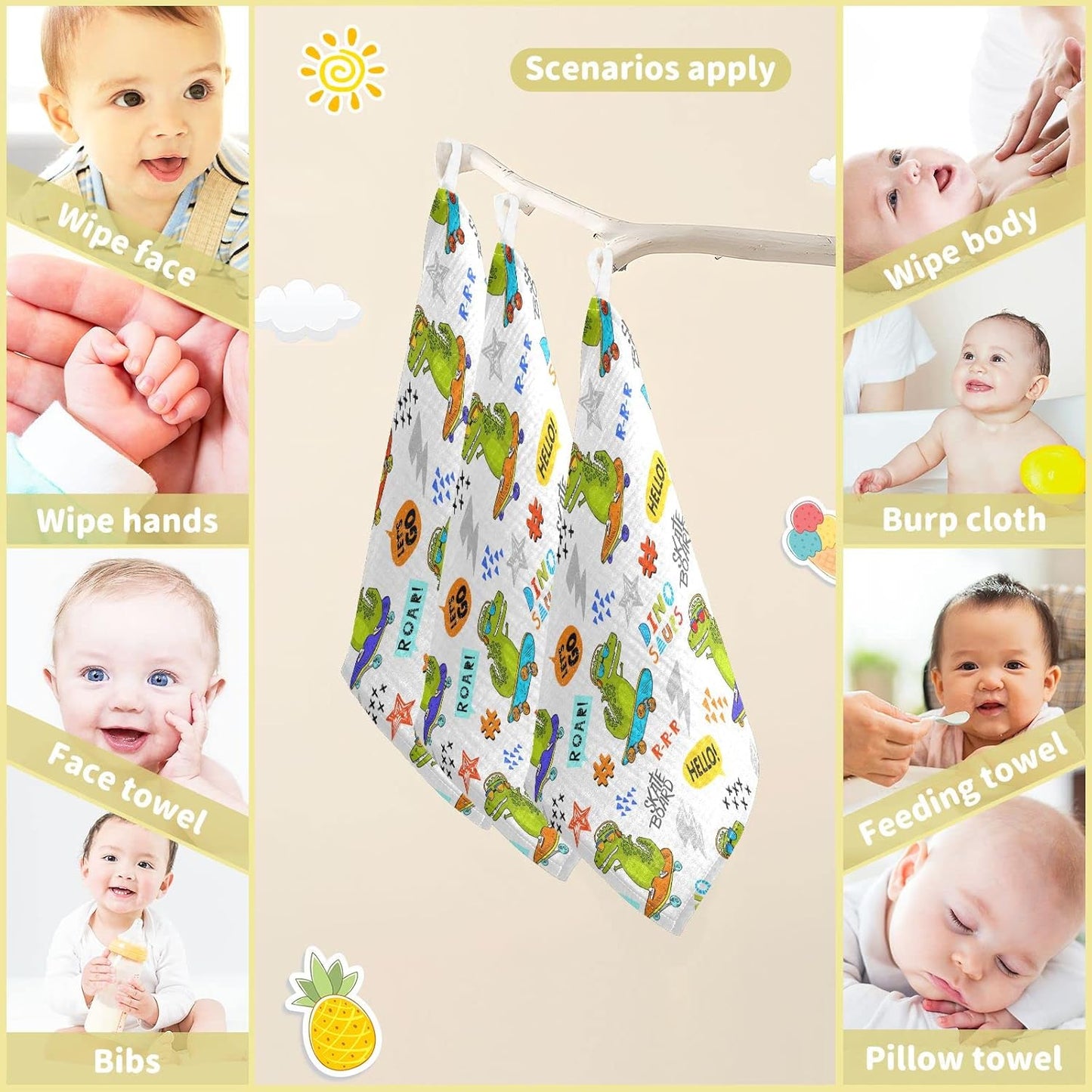Funny Dinosaur Skateboarding Baby Muslin Washcloths Cartoon Animal Dino Burp Cloths Soft Absorbent Baby Wash Cloth Fingertip Face Towels for Newborn Boys Girls 12 x 12 in, 3 Pack