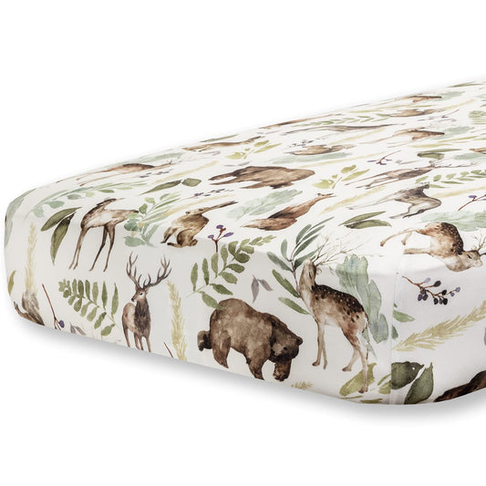 Pobibaby - Premium Single Fitted Baby Boy Crib Sheets for Standard Crib Mattress - Ultra-Soft Cotton Blend, Safe and Snug, and Stylish Woodland Crib Sheet (Wildlife Animal)