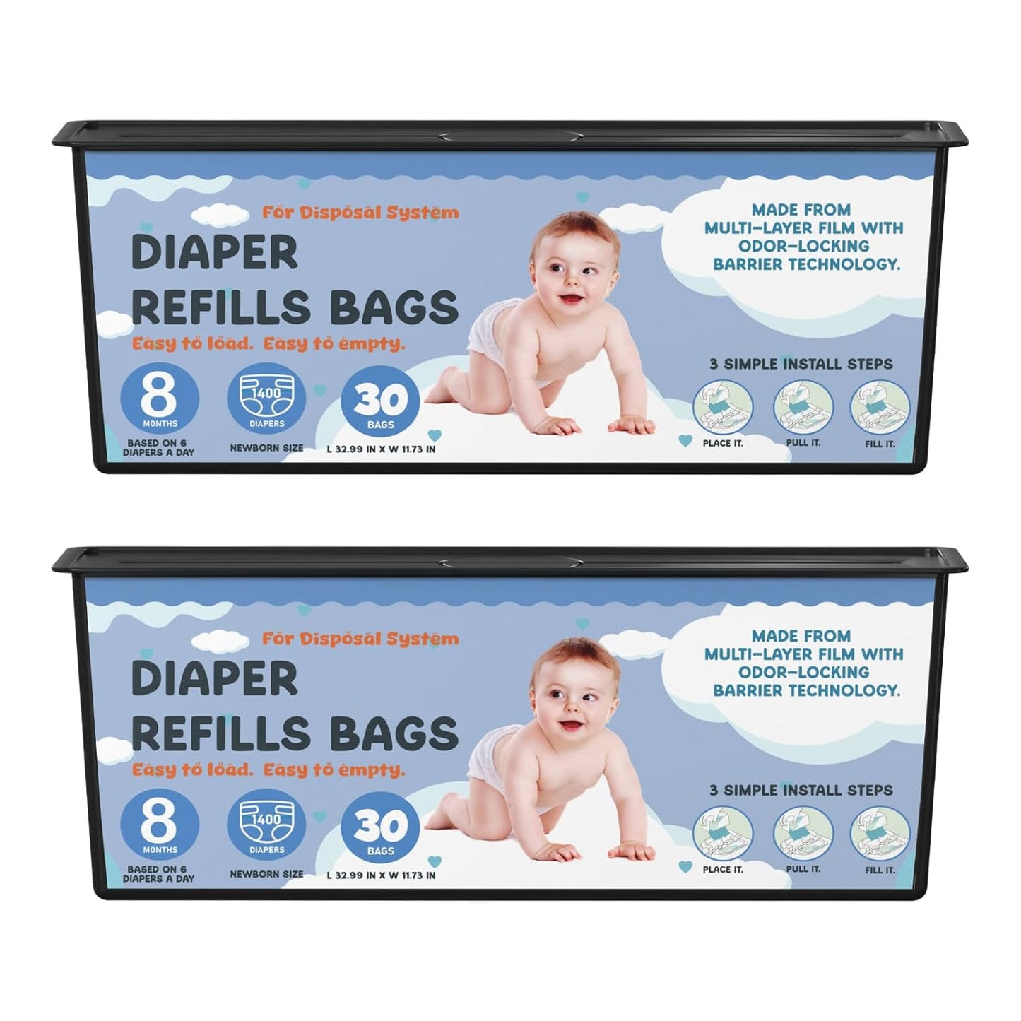 Diaper Pail Refills Bags with 30 Bags Compatible with Genie Easy Roll Signature Diaper Pails and Platinum Diaper Pails, Lasts Up to 8 Months, 7-Layer Odor-Barrier Technology, 2 Packs (60 Bags)