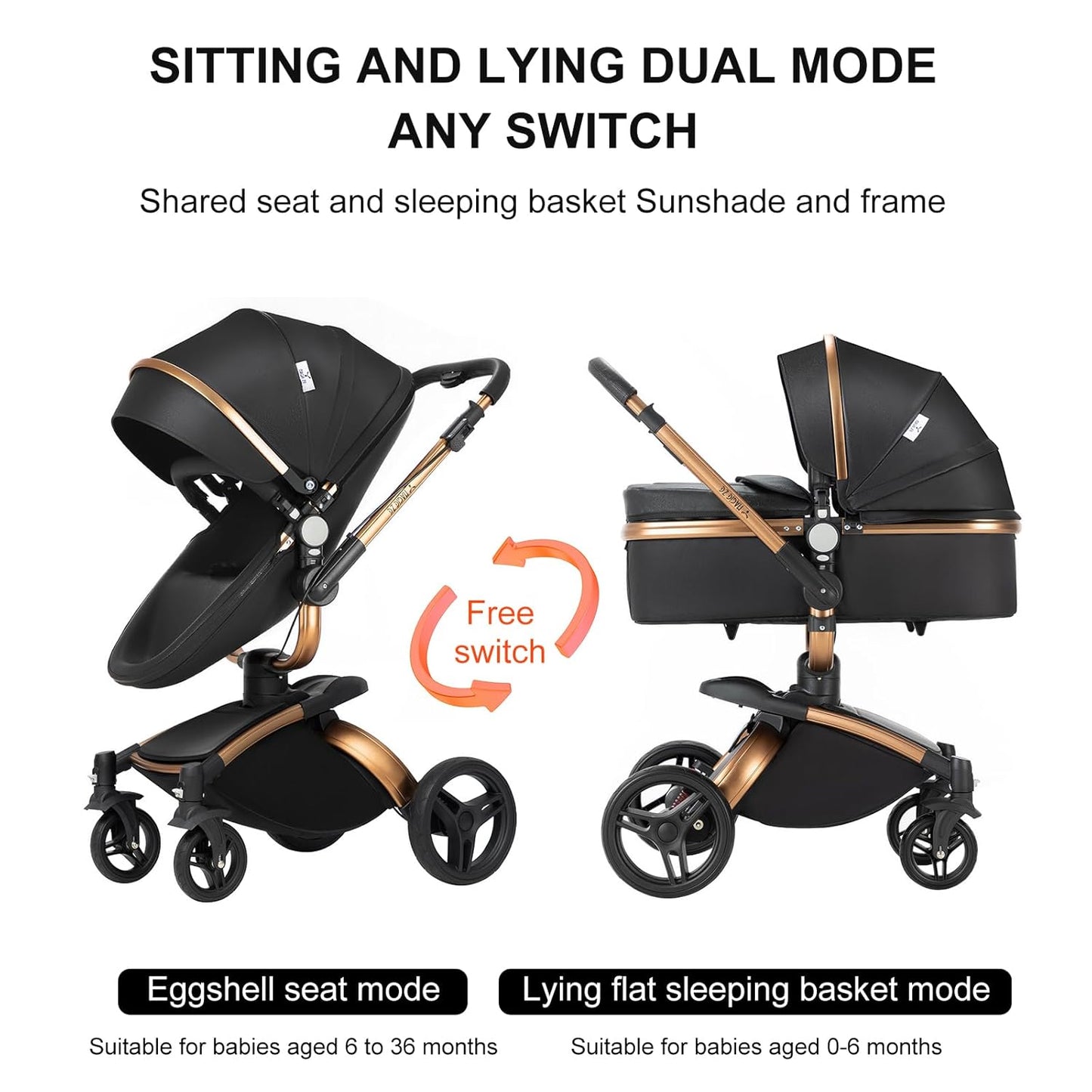 360° Rotatable PU Leather 2 in 1 Convertible Baby Stroller Mode, Infant Stroller One-Click Folding, Toddler Newborn Travel Standard Carriage Pram (HR002-Black)