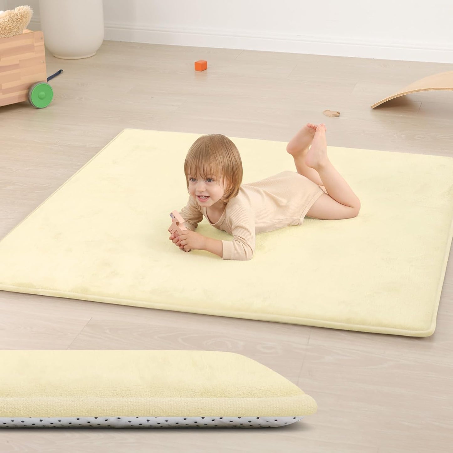 Baby Play Mat for Floor,1.3" Thick Elasti-Foam 50"×50" Playpen Mat for Tummy Time,Water Repellent Soft Coral Velvet for Toddler,Infant,Kids,Non-Slip Backing Safe for Crawling(Vanilla)
