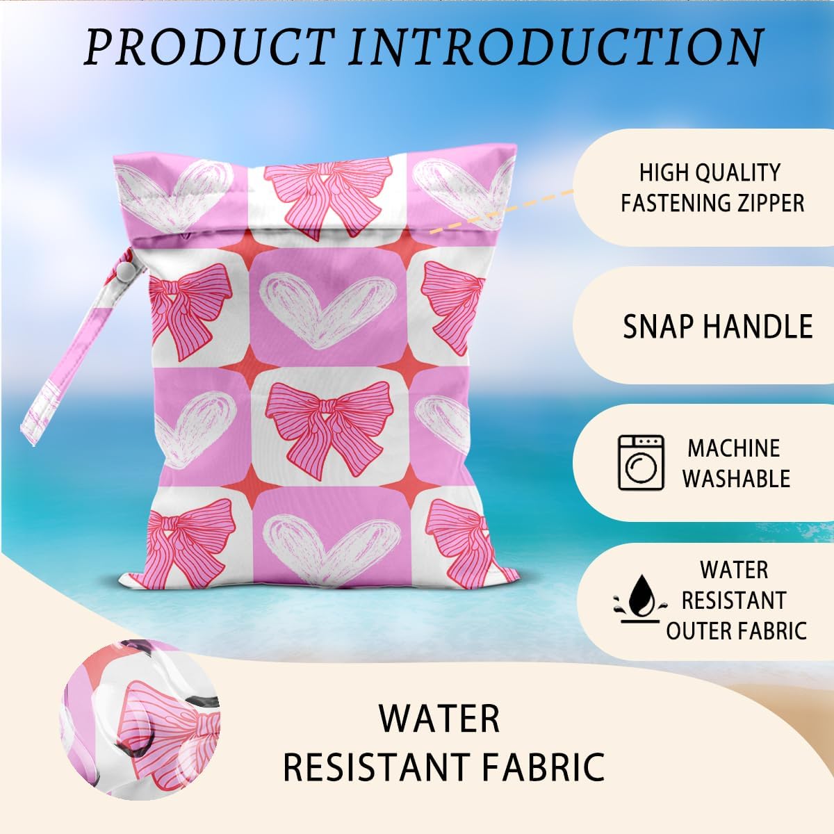 Pink Bow Wet Bags 12x10 Inch, Grid Waterproof Travel Laundry Bags, Heart Washable Reusable Wet Dry Bag for Swimsuit Pool Beach Diapers Dirty Yoga Gym Clothes, Pink Gifts for Women Friend Travelers
