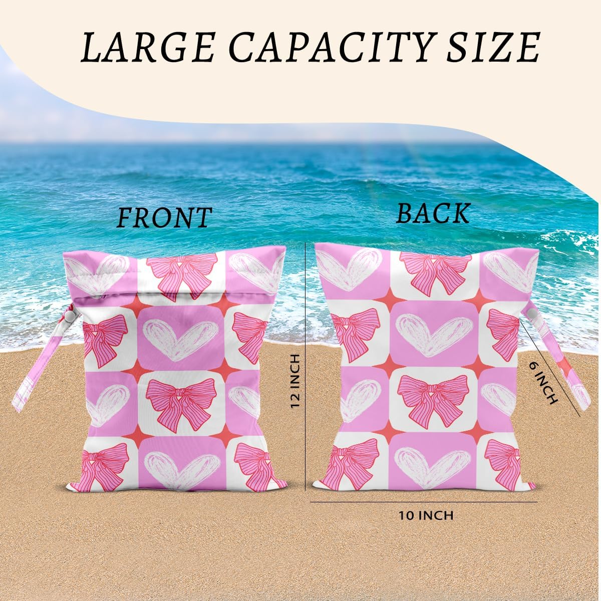 Pink Bow Wet Bags 12x10 Inch, Grid Waterproof Travel Laundry Bags, Heart Washable Reusable Wet Dry Bag for Swimsuit Pool Beach Diapers Dirty Yoga Gym Clothes, Pink Gifts for Women Friend Travelers