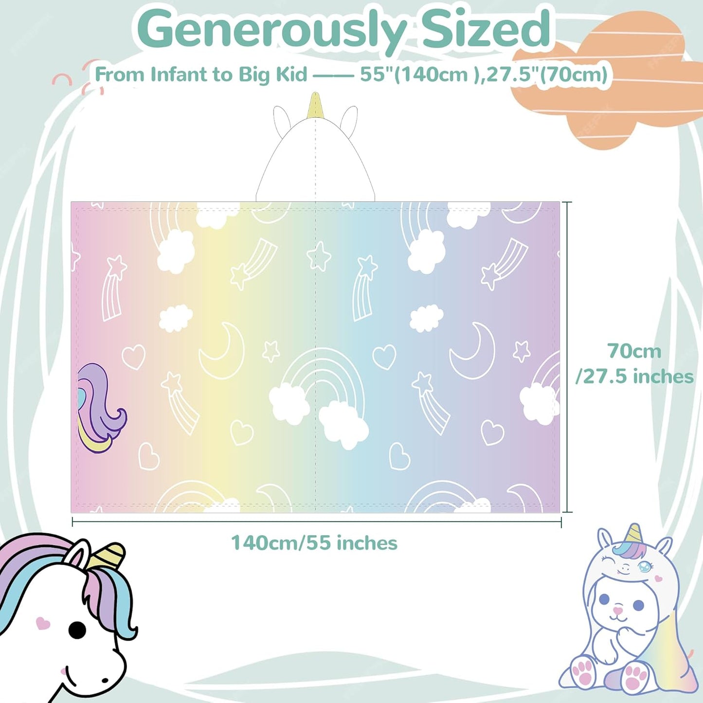 HECCEI HoodieHug Baby Towels, Premium Coral Fleece Bath Towel with Large Size-Ultra Absorbent for Baby Comfort- Great Gift for Newborn, Toddler and Kid (Unicorn)