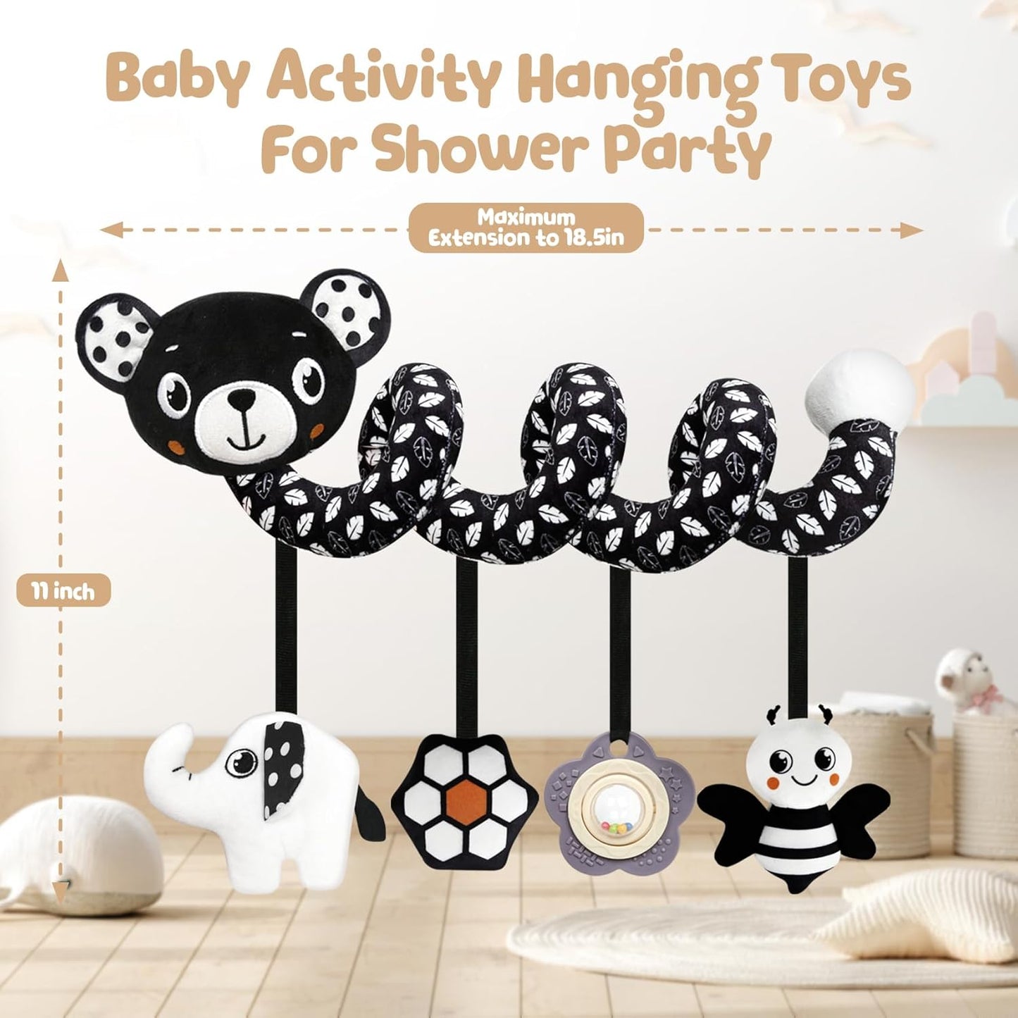 TSYAN Car Seat Toys for Babies 0-6 Months,Hanging Rattle Toys for Crib Mobile, Baby Spiral Hanging Stroller Black and White High Contrast Toys for Newborn 0 3 6 9 12 Months Baby Boys Girls (Bear)