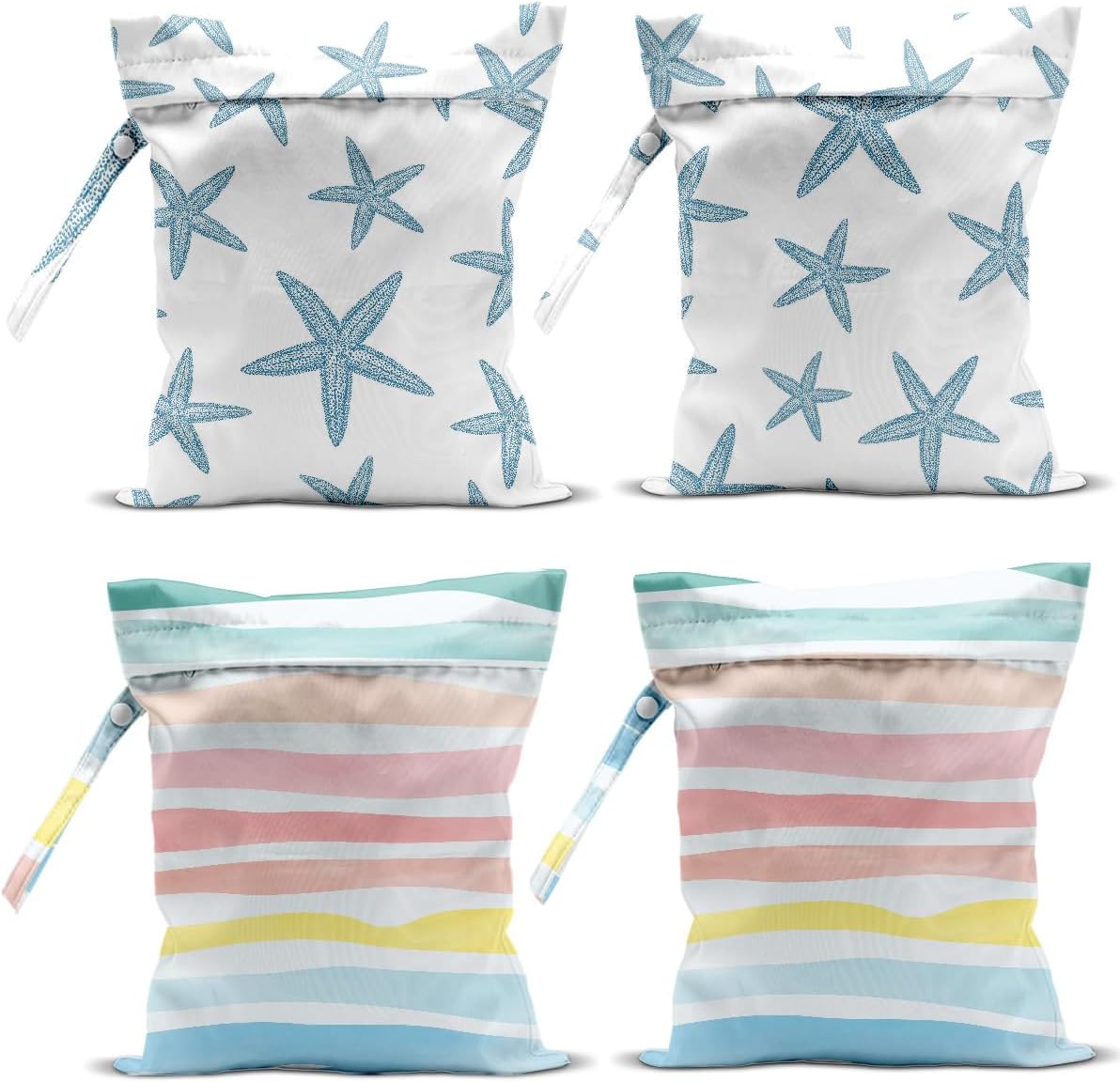 4 Pack Wet Bag for Swimsuit, Beach Travel Essentials Wet Dry Bag, for Sunscreen Toiletry Dirty Clothes Yoga Gym Diaper, Friend Summer Beach Vacation Gifts. Starfish, waves
