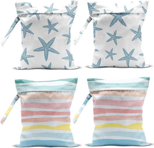 4 Pack Wet Bag for Swimsuit, Beach Travel Essentials Wet Dry Bag, for Sunscreen Toiletry Dirty Clothes Yoga Gym Diaper, Friend Summer Beach Vacation Gifts. Starfish, waves