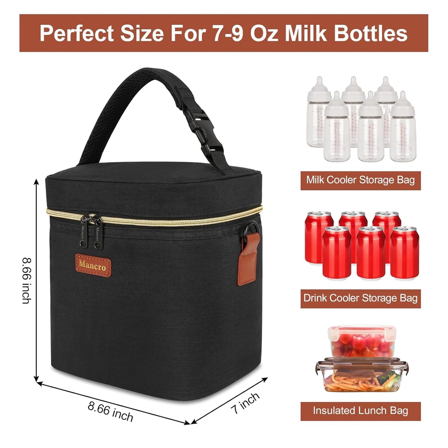Mancro Insulated Baby Bottle Cooler Bag with Ice Pack, Breastmilk Storage Tote Fits 6 x 9oz Bottles, Waterproof Bottle Bag Companion for Breastfeeding Moms，Cream & Light Brown