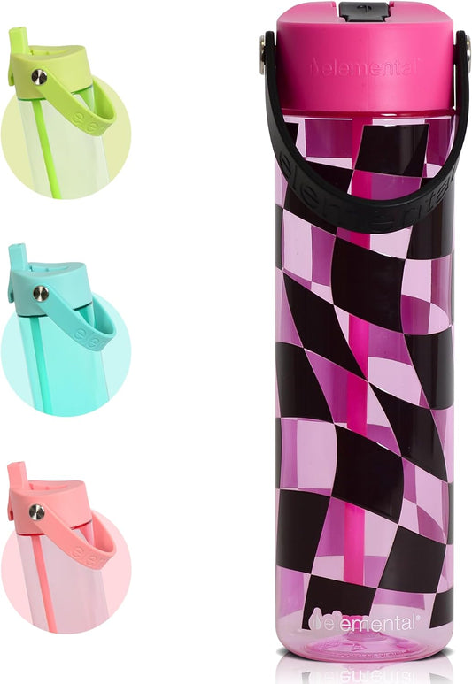 Elemental Splash Water Bottle with Straw - BPA-Free Tritan Plastic Reusable Water Bottle with Strap - Ideal for Travel, Gym and Sports - Leak Proof when Spout is Closed - 26oz - Pink Checkers