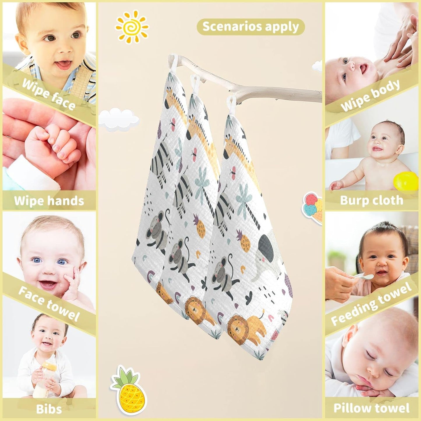 Cute Exotic Animals Burp Cloths for Boys Girls, Monkey Elephant Baby Muslin Washcloths Cartoon Lion Giraffe Zebra Soft Absorbent Face Bath Towel Kids Wash Cloth 12x12 Inch, 3 Pack