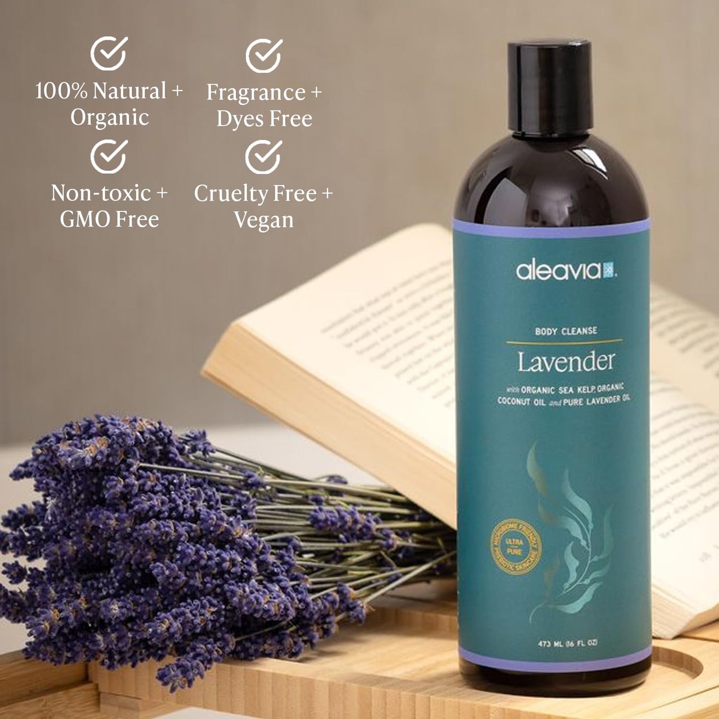 Aleavia Lavender Body Cleanse – Organic & All-Natural Prebiotic Body Wash, Scented with Pure Essential Oils – Nourish Your Skin Microbiome – 16 Oz.