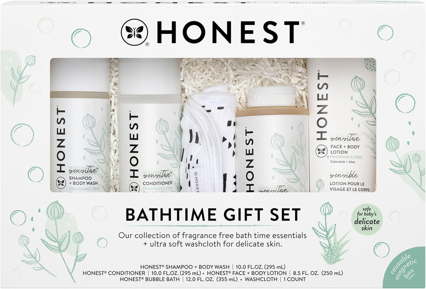 The Honest Company Fragrance Free Bathtime Gift Set | Hypoallergenic Bath Essentials for Sensitive Skin | Shampoo + Body Wash, Face + Body Lotion, Bubble Bath, Conditioner, Wash Cloth
