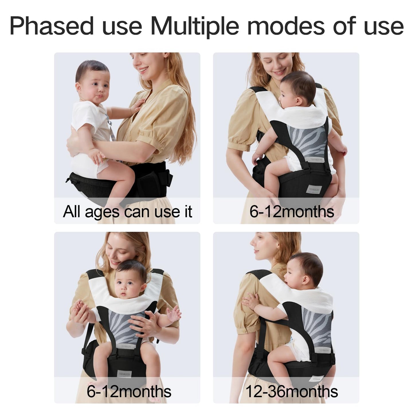 Baby Carrier Newborn to Toddler with Hip Seat, Multifunction Baby Hip, 4-in-1 Ergonomic Infant Carrier (Ergonomic M Position) Adjustable & Removable Baby Holder Carrier for 0-36 Months (Black)