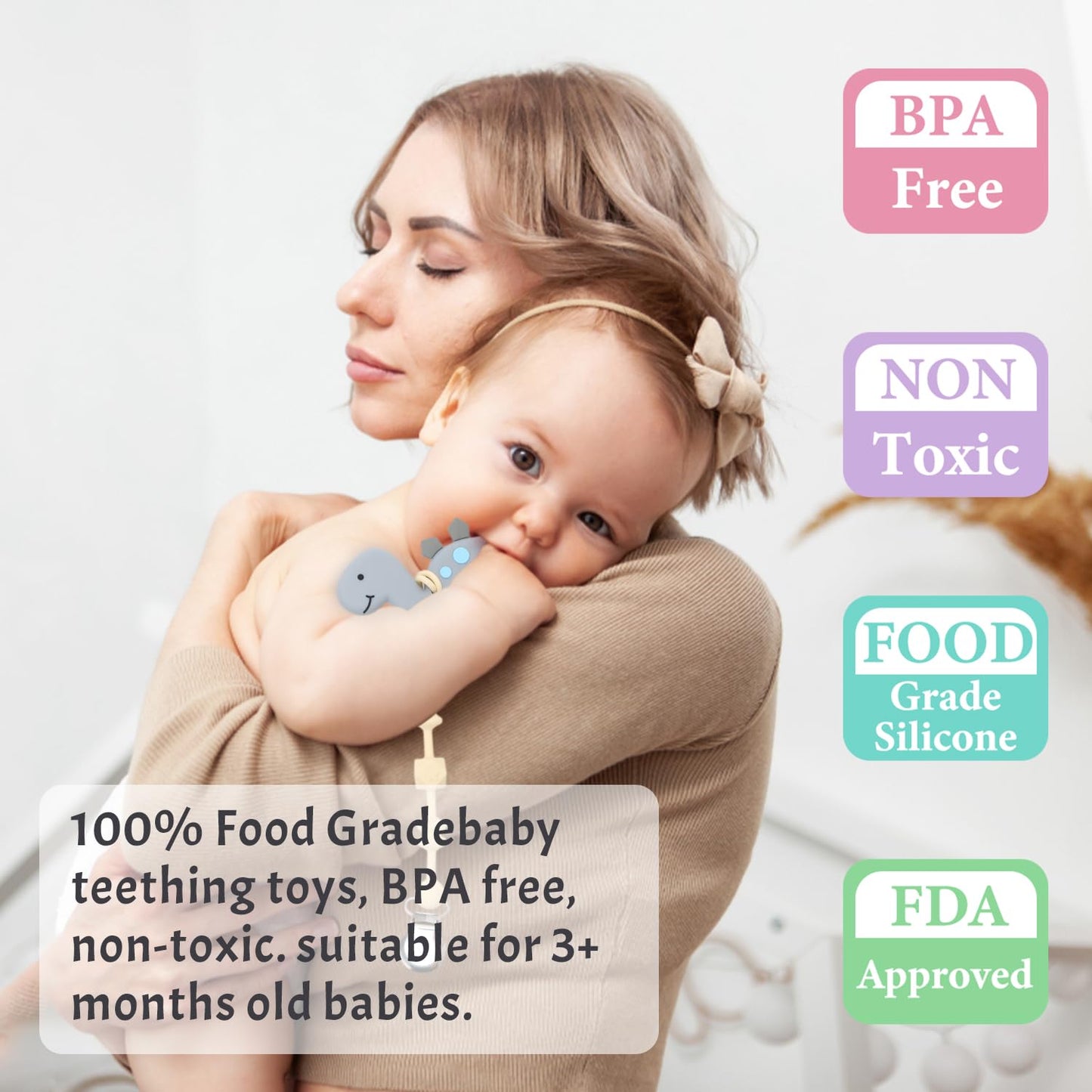 Baby Teething Toys for Babies, Dinosaur Teether Pain Relief Toy with One Piece Design Pacifier Clip Holder Set, Freezer Safe Neutral Shower Gift for Boys and Girls (Gray)