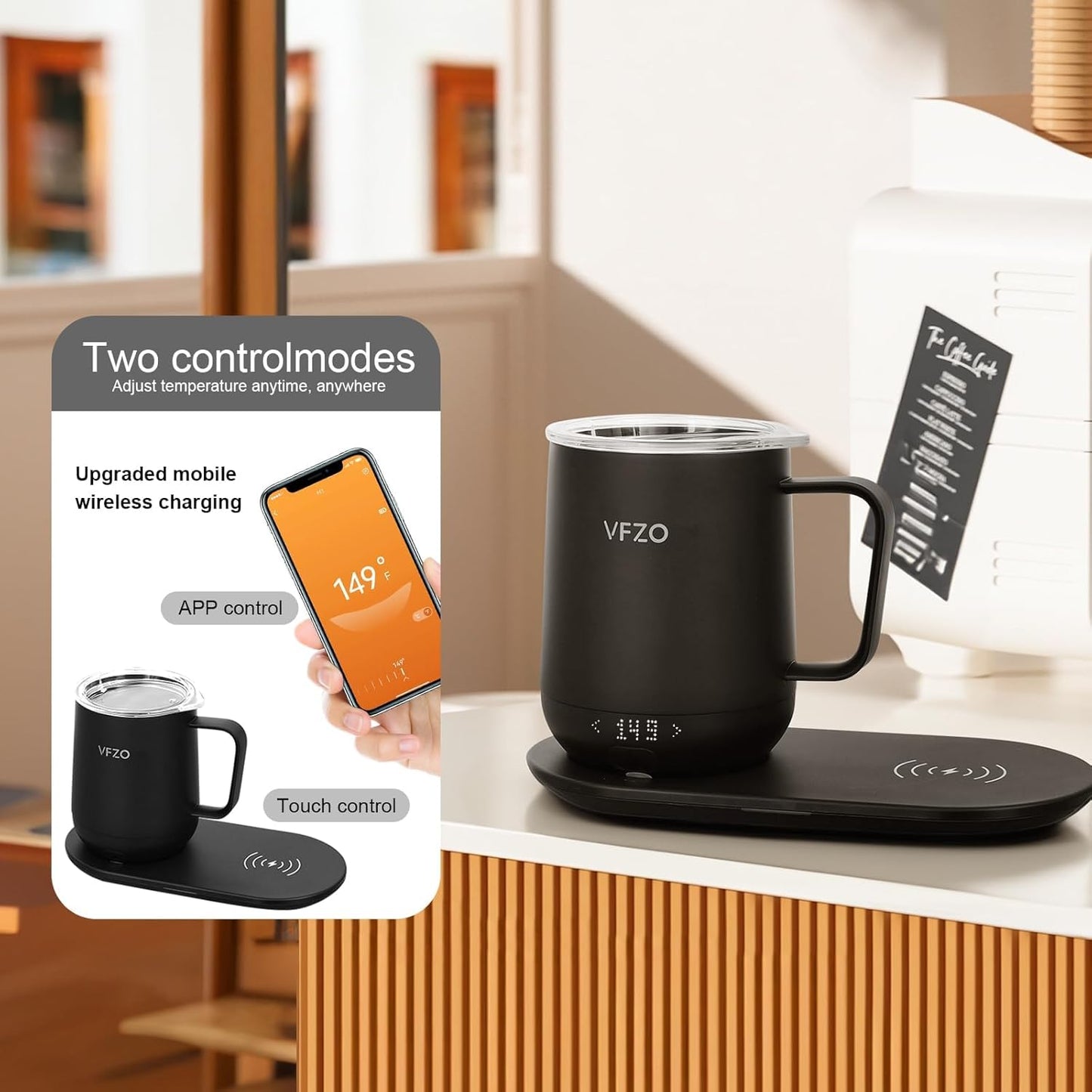 Temperature Control Smart Mug, Self Heating Coffee Mug LED Display, 180 Min Battery Life - Hot up to 149℉ Fast Wireless Charger Base Improved Design coffee serving sets mug(12oz, Black)