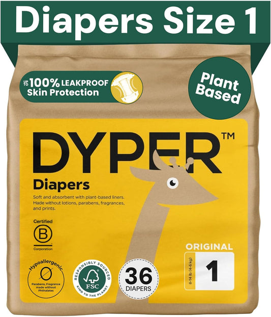 DYPER - Baby Diapers Premium Leak Protection Plant Based, Hypoallergenic Diaper for Day and Overnight Skin-Friendly Comfort | Soft Disposable Diapers (Size 1 (36 Diapers))