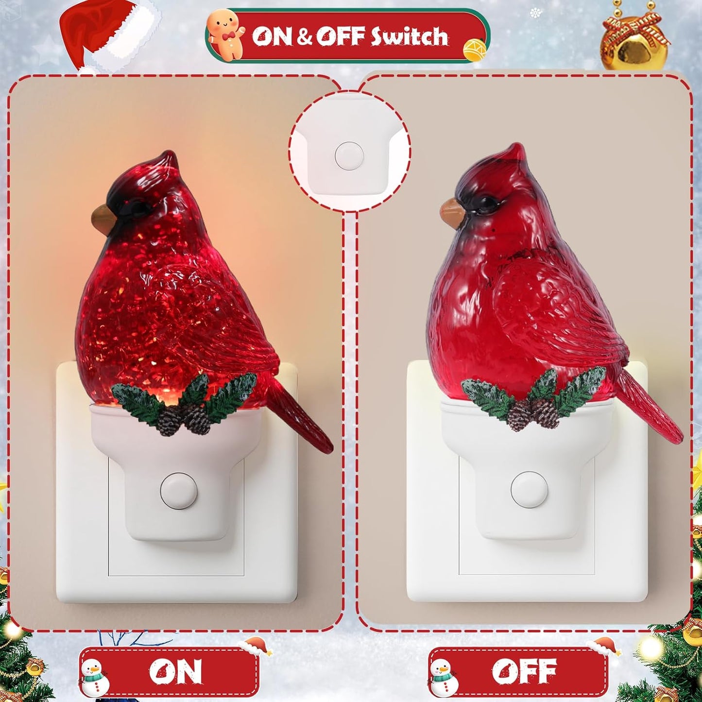 Christmas Cardinal Night Light Plug into Wall Glitter Water Nightlight with USB/Outlet Options, Christmas Decorative Nightlight for Bedroom Kitchen Nursery Hallway Holiday Decorations Gifts (Cardinal)