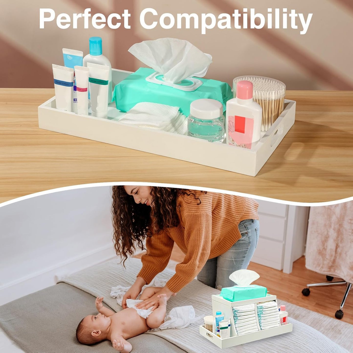 Three colors Diaper Organizer, Wooden Diaper Caddy Organizer, Changing Table Organizer, Diaper Storage Organizer, Nursery Baby Organization (White)