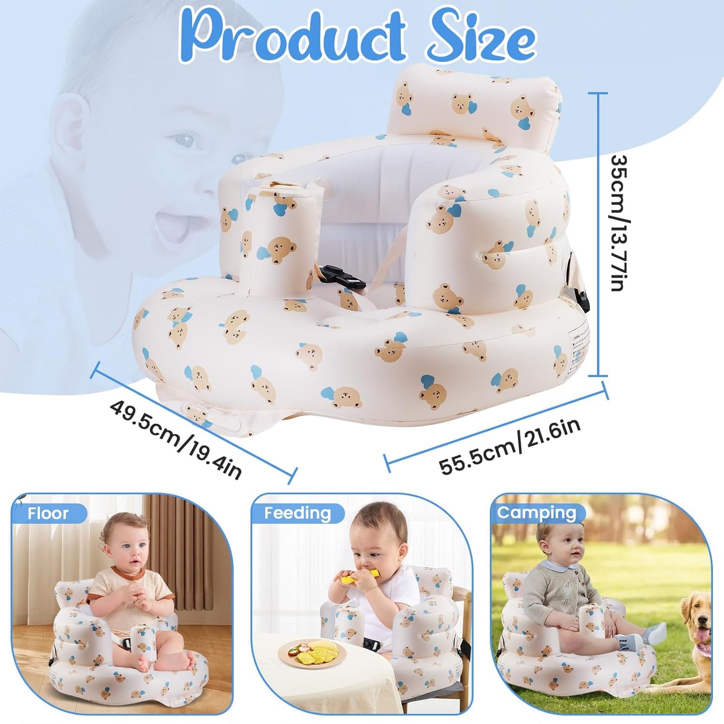 Inflatable Baby Seat with 3-Point Safety Belt & Built-in Pump - Portable Infant Chair for Sitting Up, Travel, Home Use (Blue Love Bear Head)