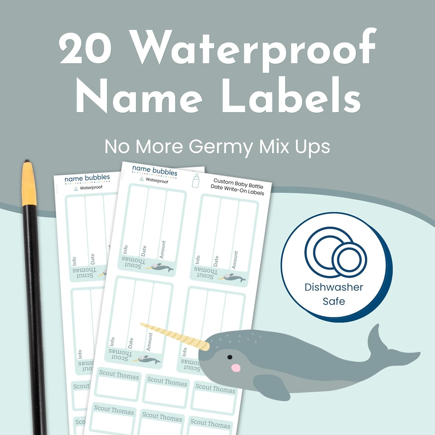 Name Bubbles - Reusable Baby Bottle Labels for Daycare (20 Labels) - Kids Washable Name Tags for Bottles, Sippy Cups, & Snack Containers, Waterproof, Baby Name Stickers, Write-On (Dogs)